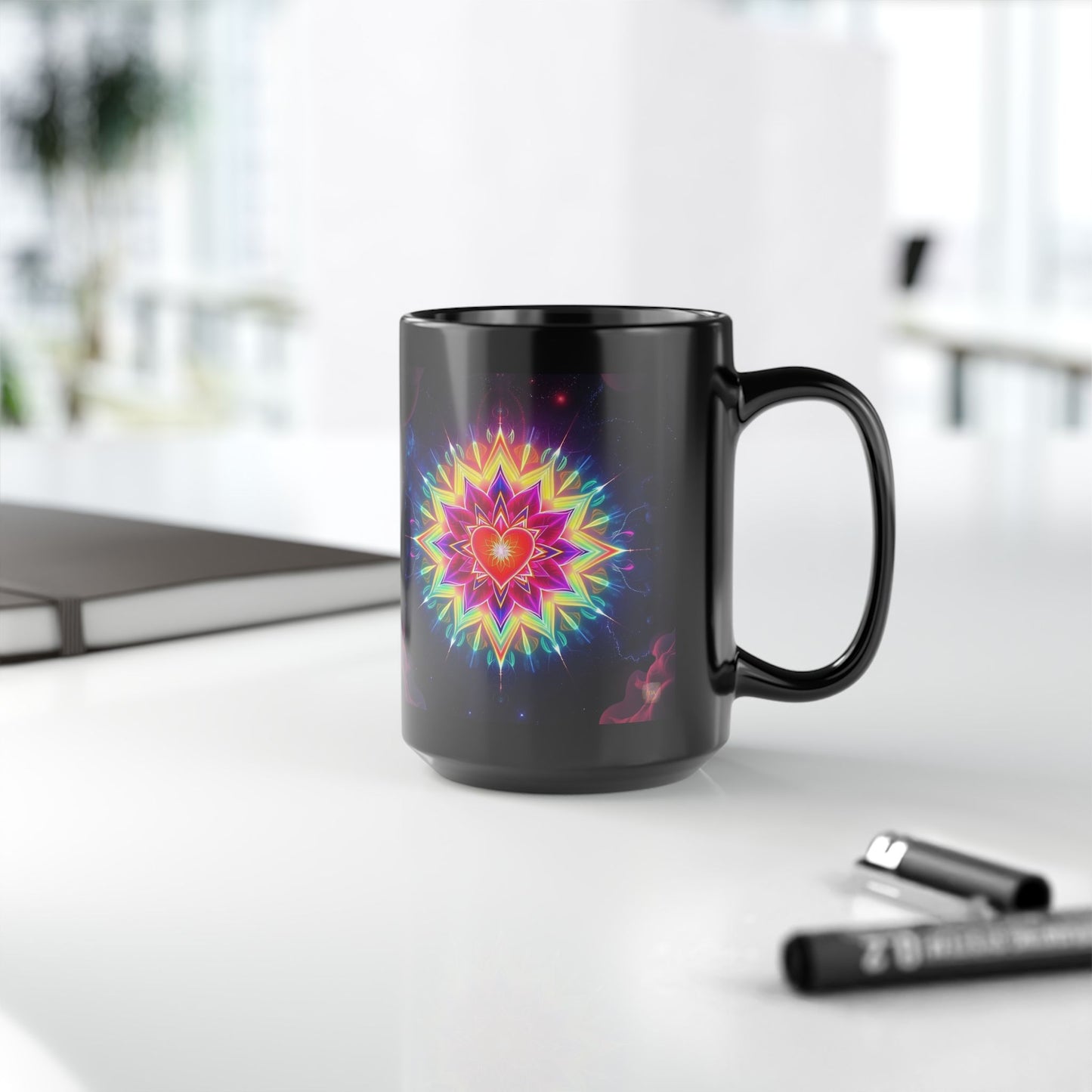 Black Ceramic Mug 15 oz— Vibrant Sacred Heart Sacred Geometry Light Body Merkaba Coffee Cup by Divine Arts