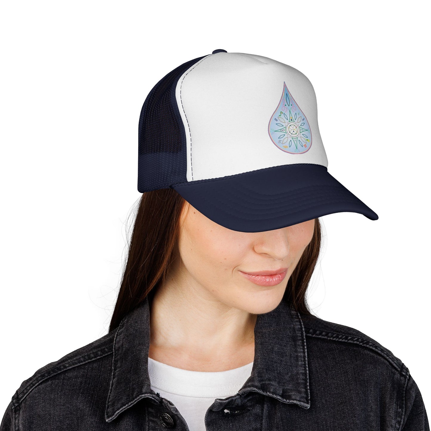 Water Drop Eckasha God Seed Code Trucker Hat โ BohoTeardrop Spiritual Eckasha Hat by Divine Arts