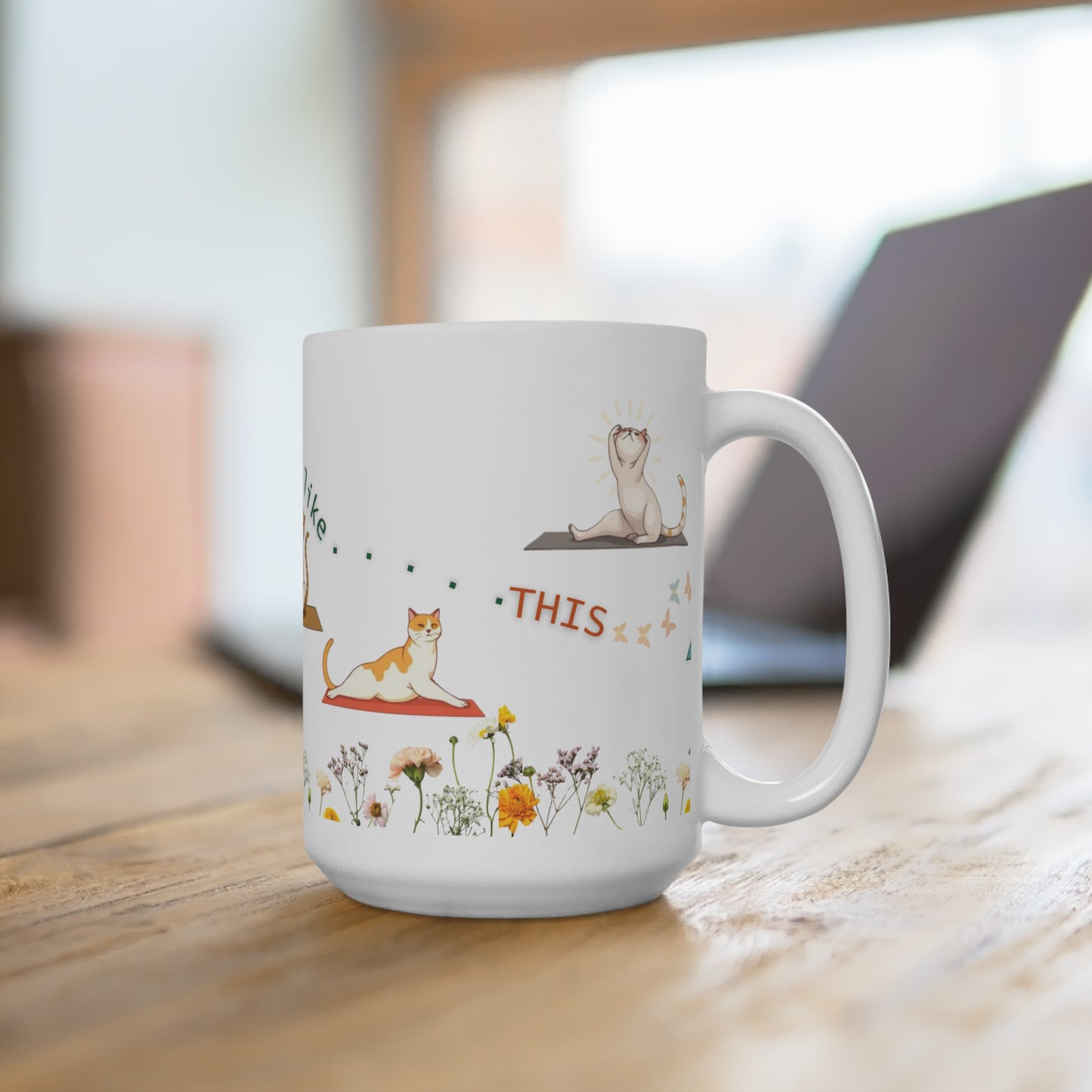 Ceramic Cat Morning Yoga Mug – "Best Days" Relaxing Morning Cat Yoga & Wildflowers 15oz