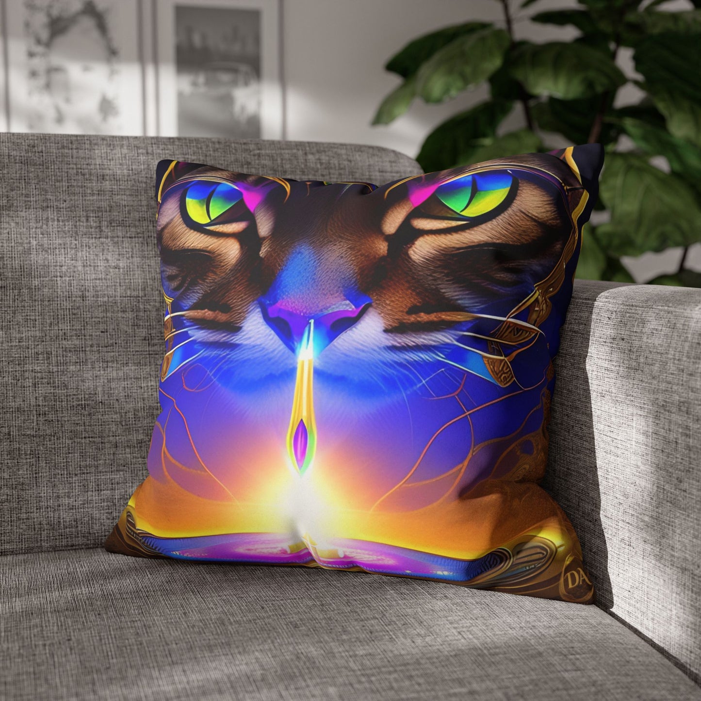 Divine Arts Faux Suede Double-Sided Art Square Pillow Case in Four Sizes - Fantasy Galaxy Space Cat Lover Male Brown Tabby Cat with Ornate Golden Face Armor and Magenta Crystal Wielding the Merkaba Pillow Cover