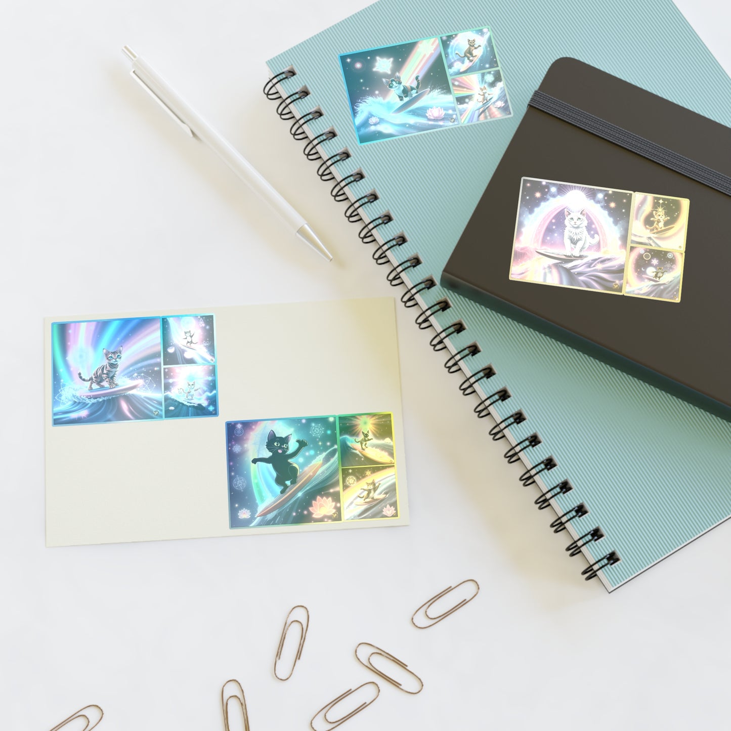 Cosmic Surfing Cat Sticker Sheets (6" x 4") โ Rainbow Lotus Light Sacred Geomtry Galaxy Cat Decals by Divine Arts