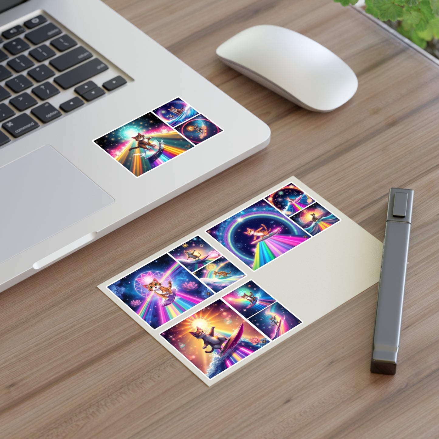 Cosmic Surfing Cat Sticker Sheets (6" x 4") — Rainbow Lotus Light Sacred Geomtry Galaxy Cat Decals by Divine Arts