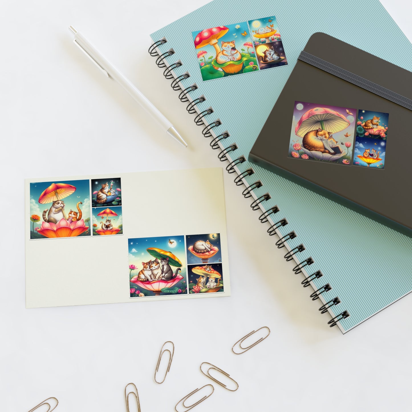 Whimsical Cat Night & Day Mushroom Lotus, Nature Bookworm Vinyl Sticker Sheets (6x4) – Cute Floral Shell Mushroom Umbrella Cap Kittens by Divine Arts