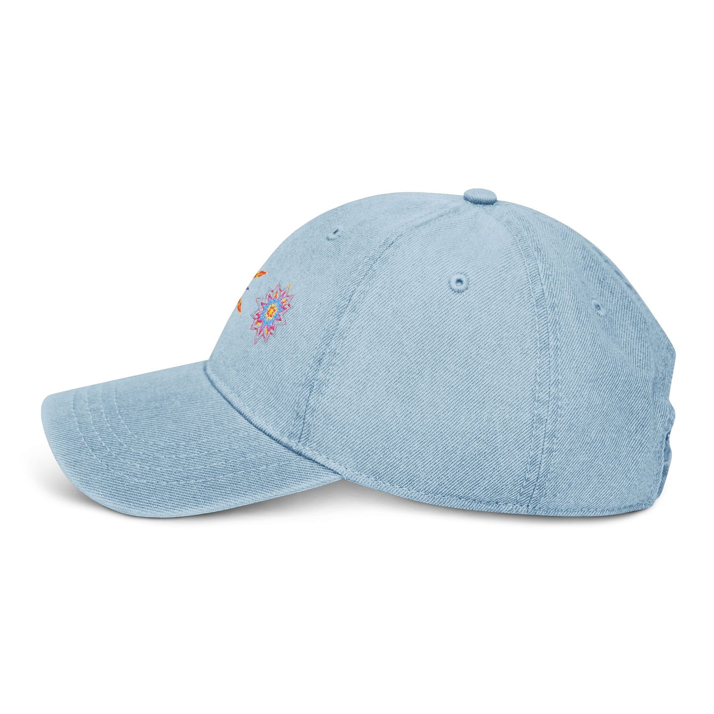 Denim Cap (Embroidery), 100% Cotton, Three Unique Embroidery Merkabas, Neon Galaxy Starry Light, Lotus Jewel Design by Divine Arts