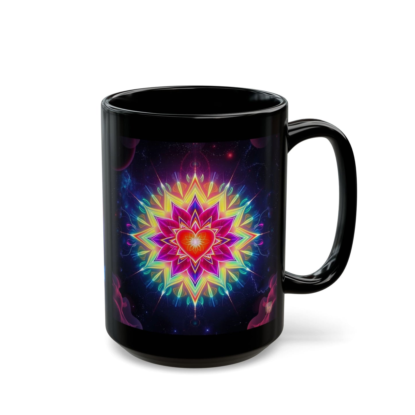 Black Ceramic Mug 15 oz— Vibrant Sacred Heart Sacred Geometry Light Body Merkaba Coffee Cup by Divine Arts