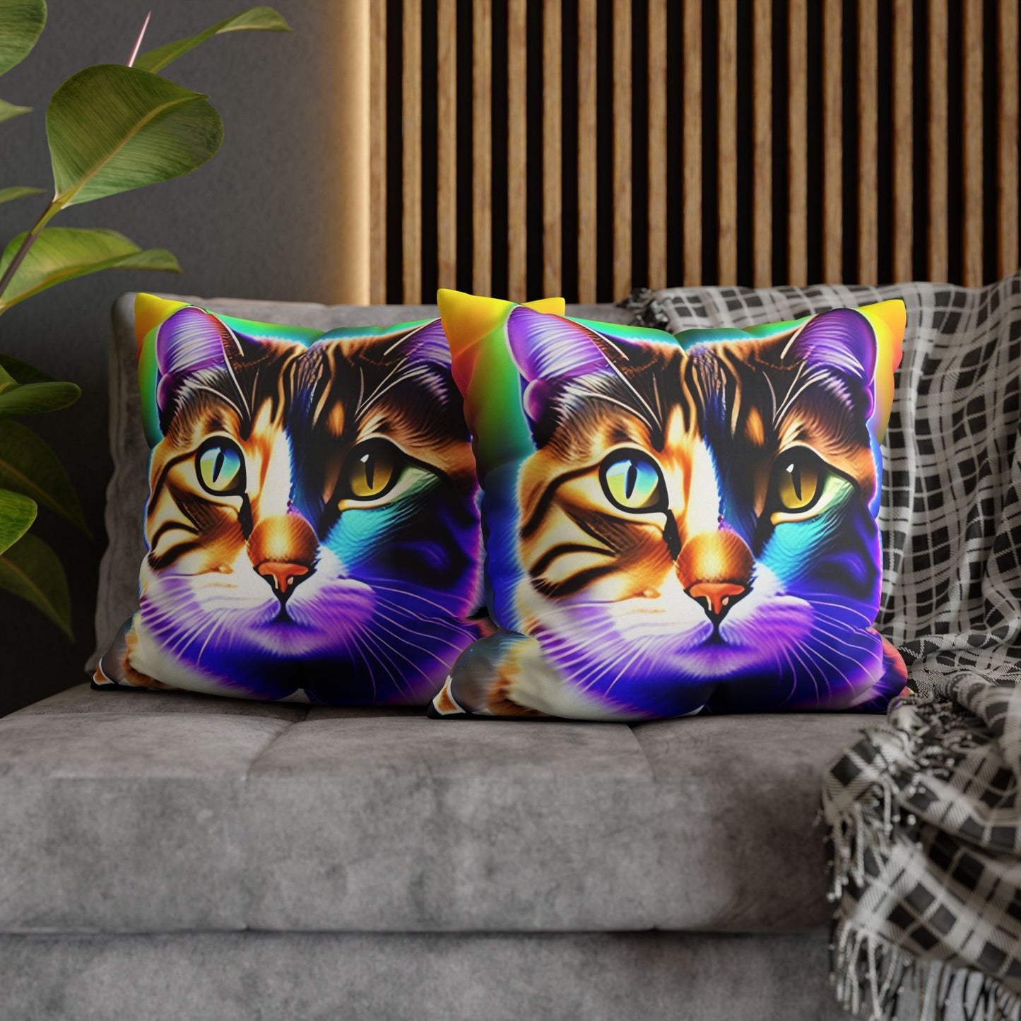 Divine Arts Faux Suede Double-Sided Square Pillow Case - Fantasy Galaxy Space Cat Lover Brown Tabby Cat with Heterochromia Meditating in Rainbow Trance Colors Pillow Cover in Four Sizes