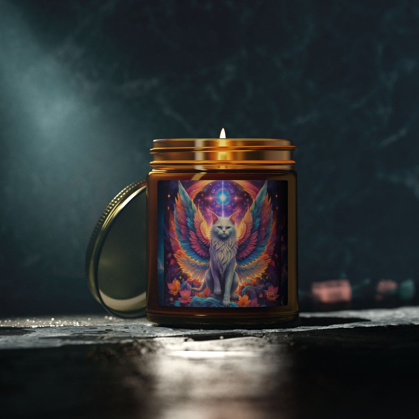 Premium Coconut Apricot Wax Scented Candles, Various Floral & Spice Fragrances (4oz), Spiritual Christmas Holiday Cat Lover Pet Gift, Galaxy Space White Angel Cat Art, by Divine Arts