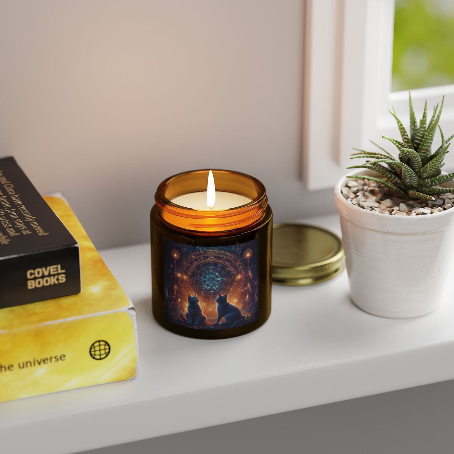 Premium Coconut Apricot Wax Scented Candles, Various Floral & Spice Fragrances (4oz), Spiritual Christmas Holiday Cat Lover Pet Gift, Black Cats Sacred Geometry Galaxy Space Fantasy Cat Art, by Divine Arts