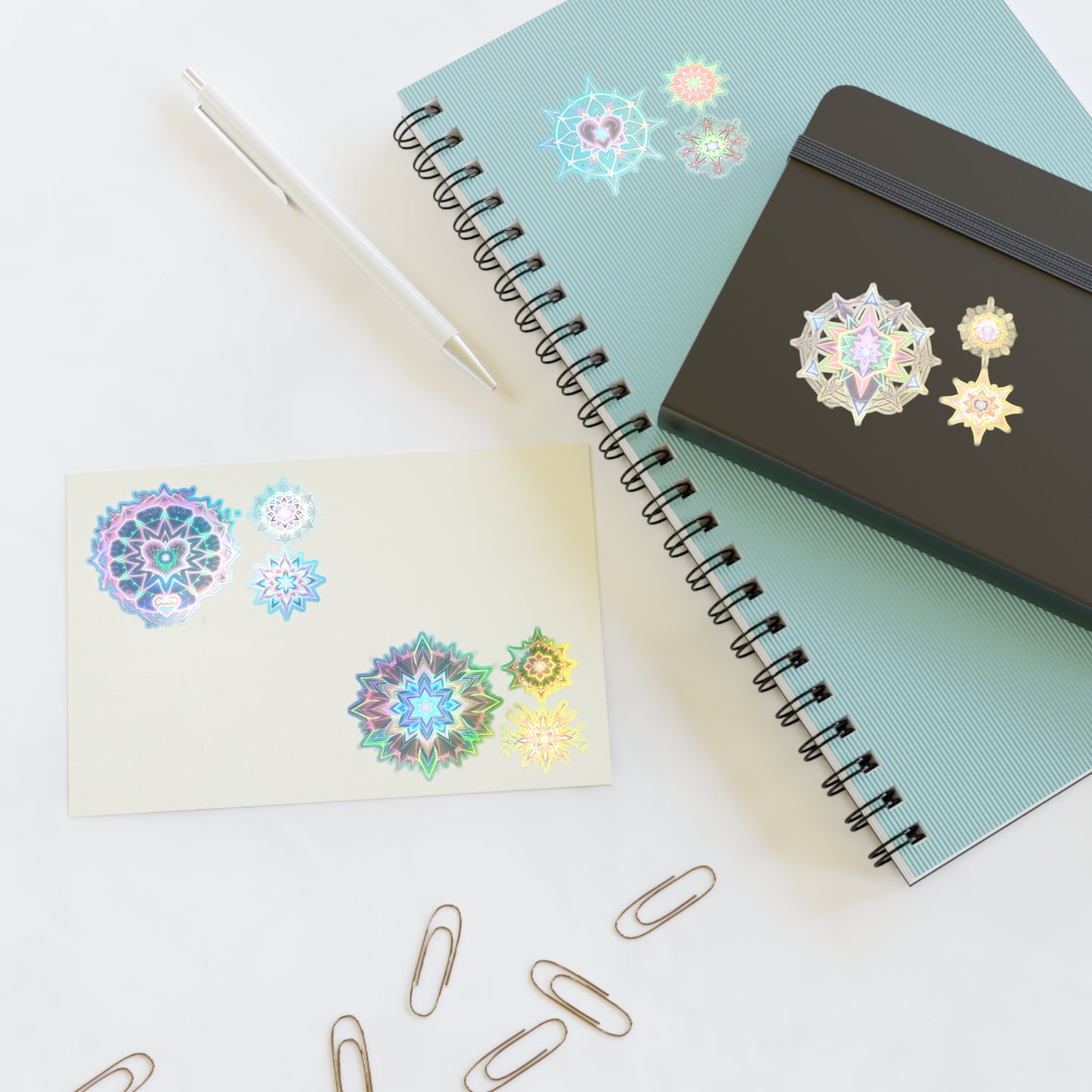 Kaleidoscope Starburst Sticker Sheet — Colorful Galaxy Art, White Transparent Holographic Die Cut Merkaba Decals by Divine Arts