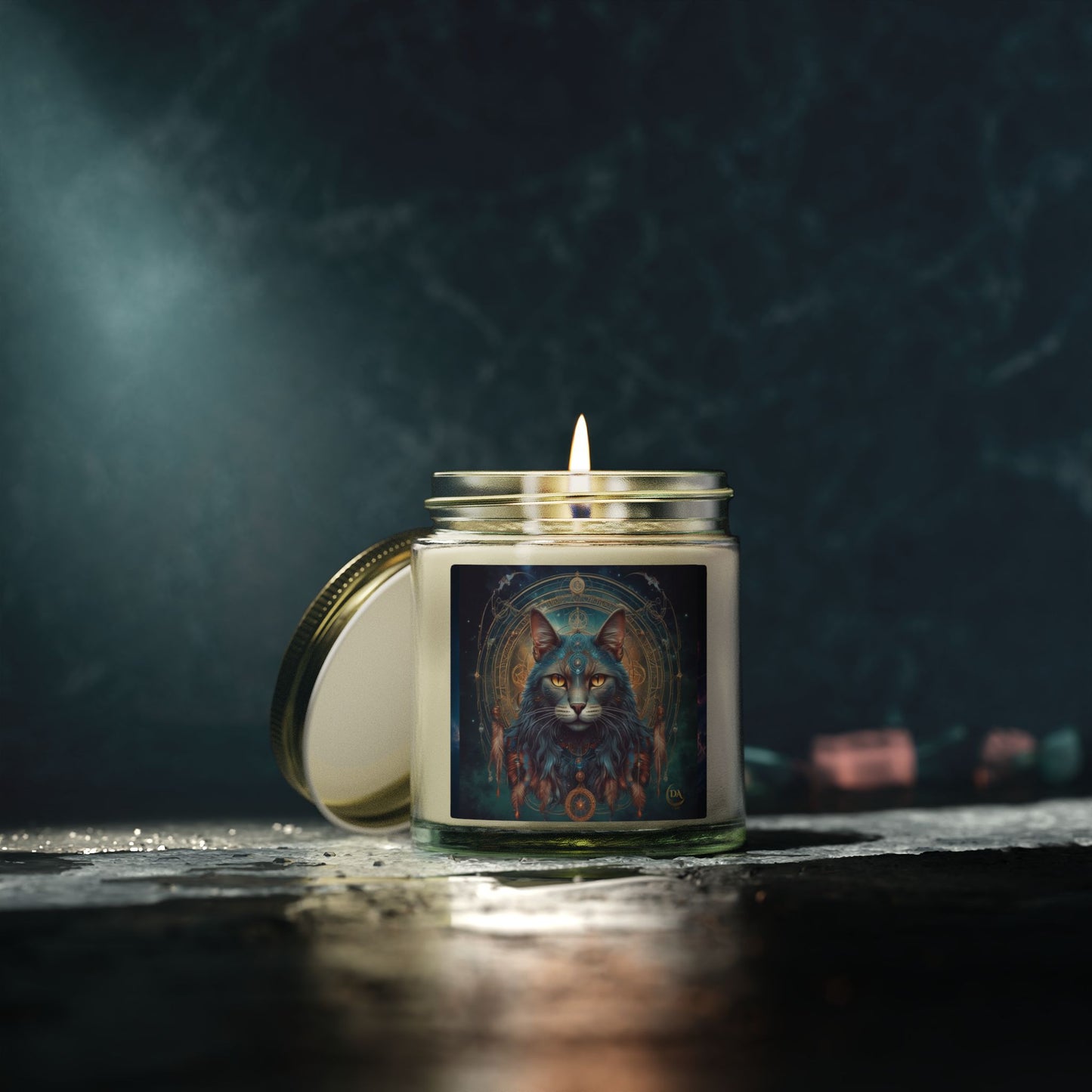 Premium Coconut Apricot Wax Scented Candles, Various Floral & Spice Fragrances (4oz), Spiritual Christmas Holiday Cat Lover Pet Gift, Gray Cat Galaxy Space Fantasy Tribal Art, by Divine Arts