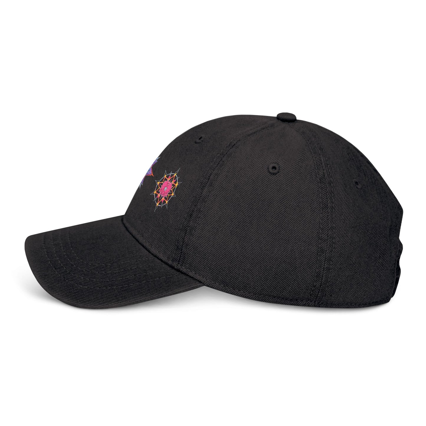 Denim Cap (Embroidery), 100% Cotton, Three Unique Embroidery Merkabas, Neon Galaxy Starry Light, Lotus Jewel Design by Divine Arts