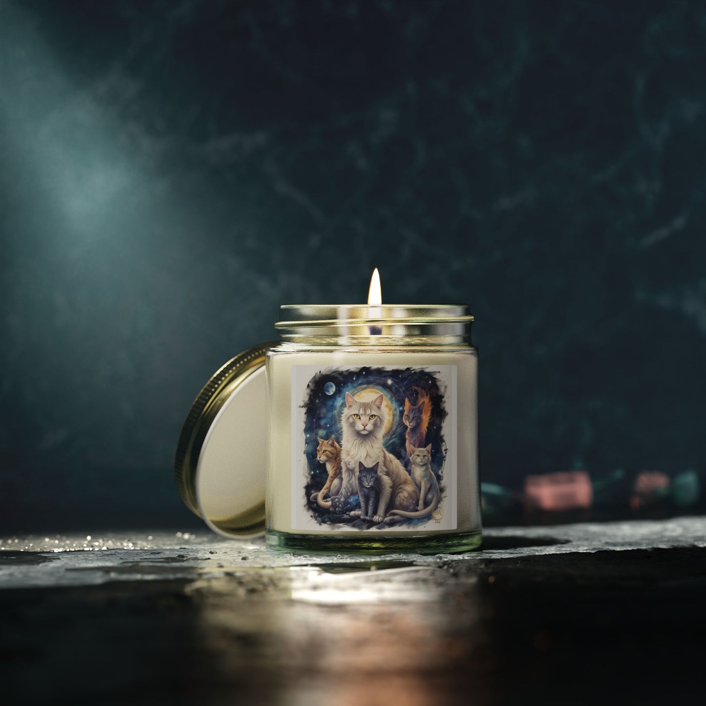 Premium Coconut Apricot Wax Scented Candles, Various Floral & Spice Fragrances (4oz), Spiritual Christmas Holiday Cat Lover Pet Gift, Ginger, White, Gray & Brown Cats Galaxy Space Fantasy Cat Art, by Divine Arts