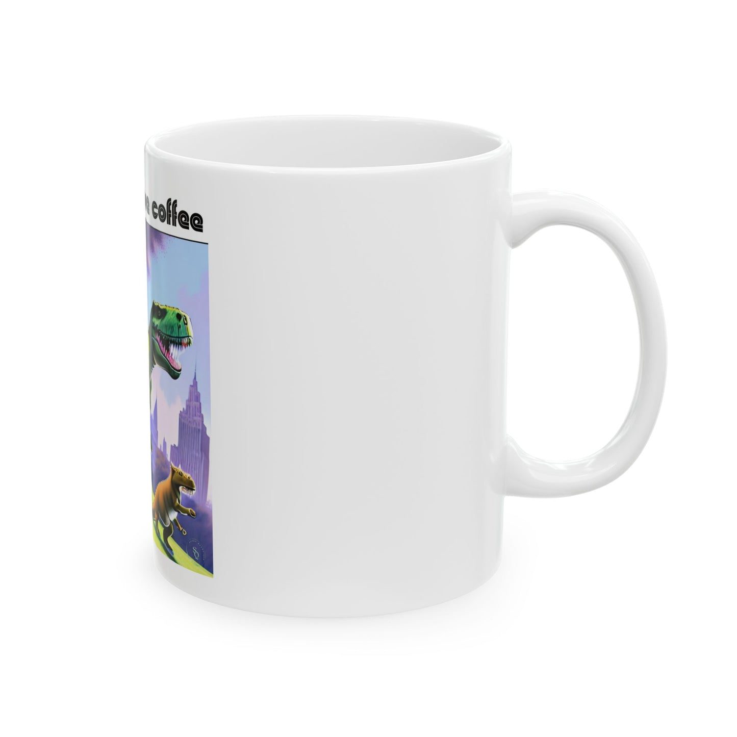 Ceramic Cat Humor Mug  (11oz/15oz) — 'Me Before Coffee' Tabby Cat Rides T-Rex Coffee Mug by Divine Arts