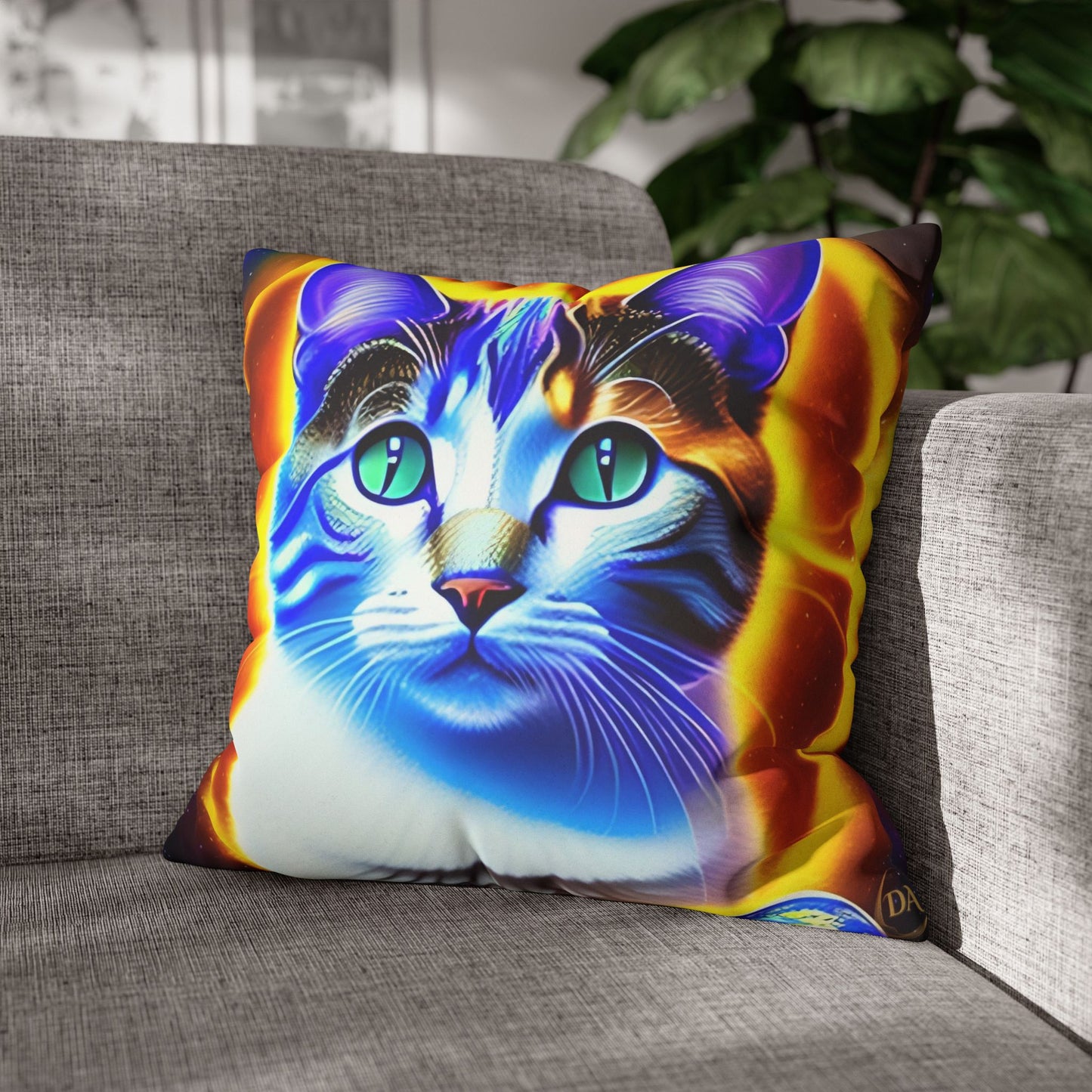 Divine Arts Faux Suede Double-Sided Square Pillow Case - Fantasy Galaxy Space Cat Lover Large Close Up View of the Face of a Female Brown Tabby Cat with Green Eyes With a Pulsing Yellow Orange Aura From Weilding the Merkaba Pillow Cover in Four Sizes