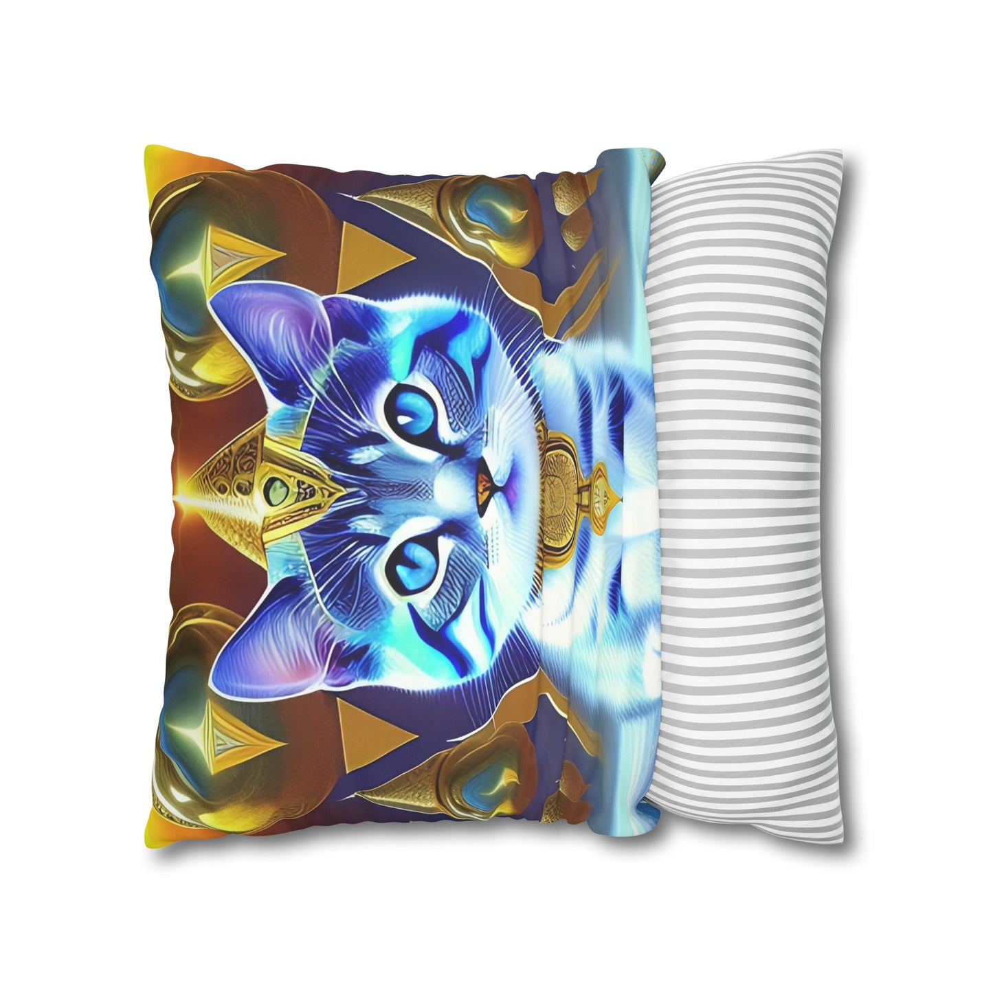 Divine Arts Faux Suede Double-Sided Square Pillow Case in Four Sizes - Fantasy Galaxy Space Cat Lover Male Gray and White Tabby Kitten with Blue Eyes in Golden Merkaba Chamber Wielding the Merkaba