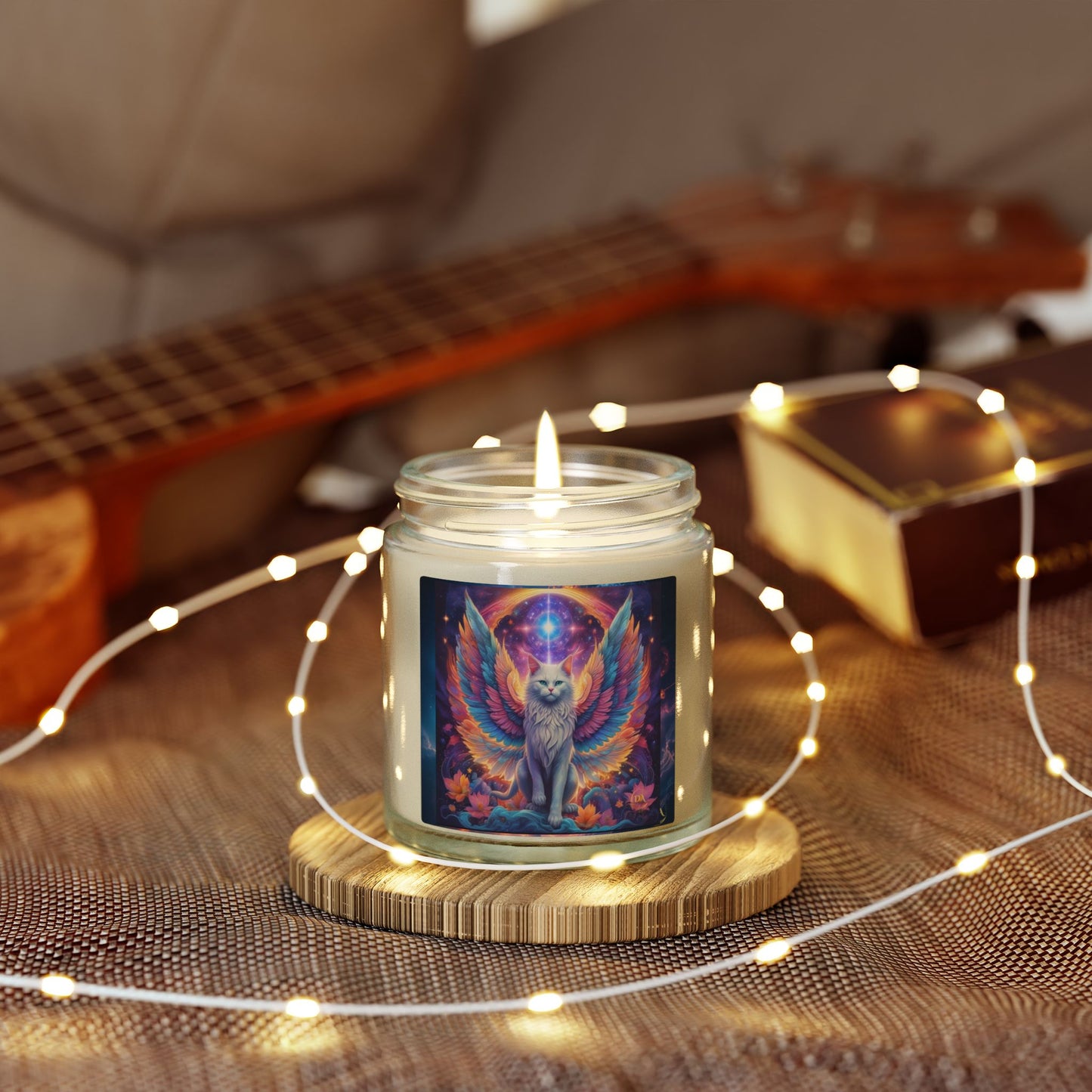 Premium Coconut Apricot Wax Scented Candles, Various Floral & Spice Fragrances (4oz), Spiritual Christmas Holiday Cat Lover Pet Gift, Galaxy Space White Angel Cat Art, by Divine Arts
