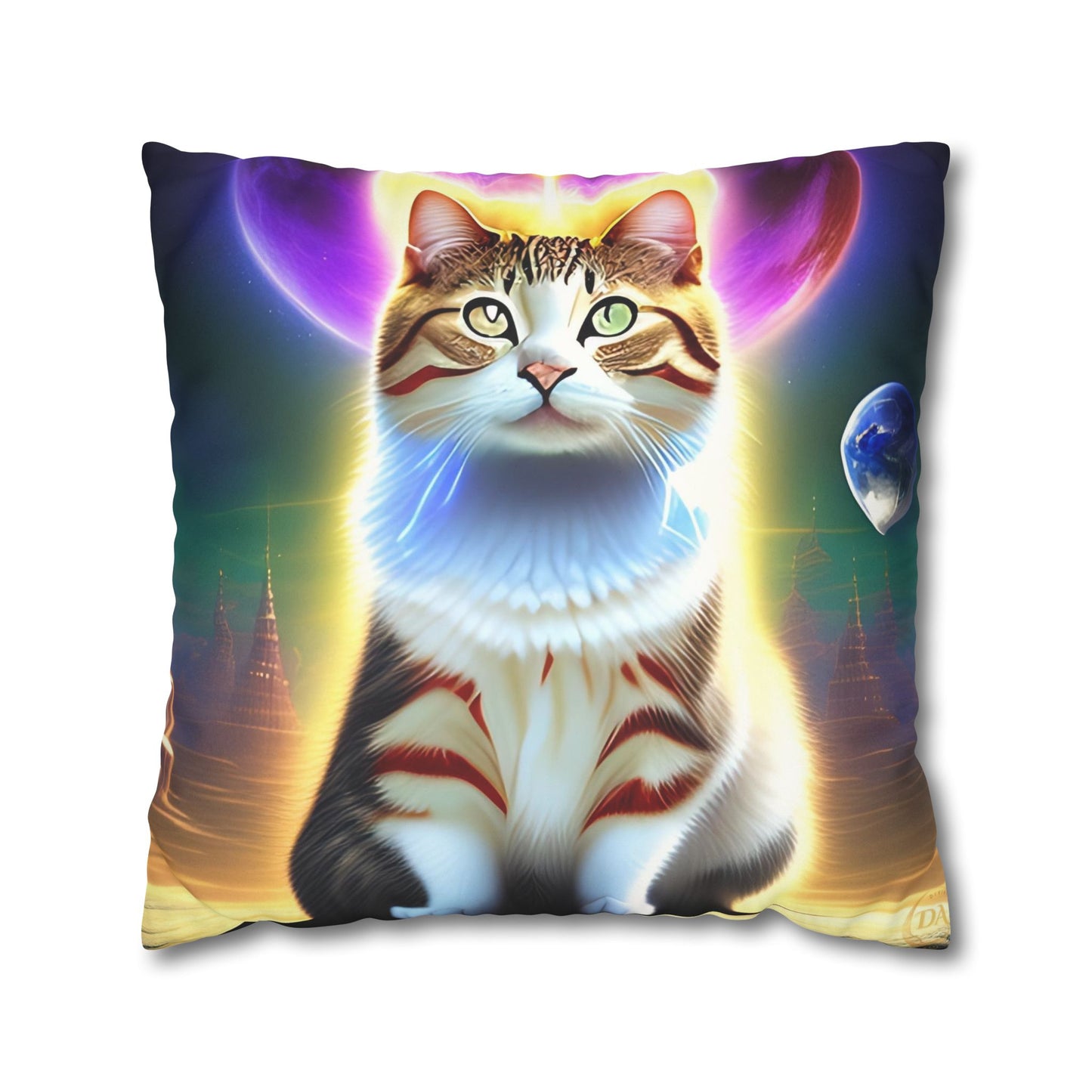 Divine Arts Faux Suede Double-Sided Square Pillow Case - Fantasy Galaxy Space Cat Lover Female Brown and White Tabby Cat with Heterochromia and a Bright Yellow & Purple Aura Spiritual Pillow Cover in Four Sizes