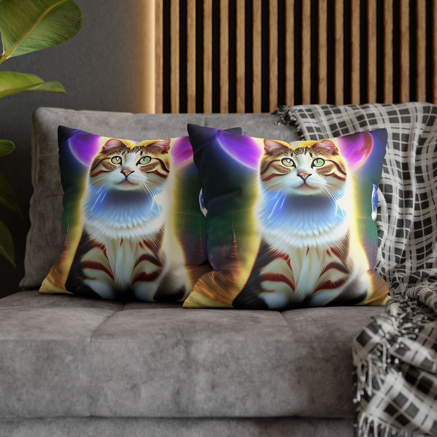 Divine Arts Faux Suede Double-Sided Square Pillow Case - Fantasy Galaxy Space Cat Lover Female Brown and White Tabby Cat with Heterochromia and a Bright Yellow & Purple Aura Spiritual Pillow Cover in Four Sizes