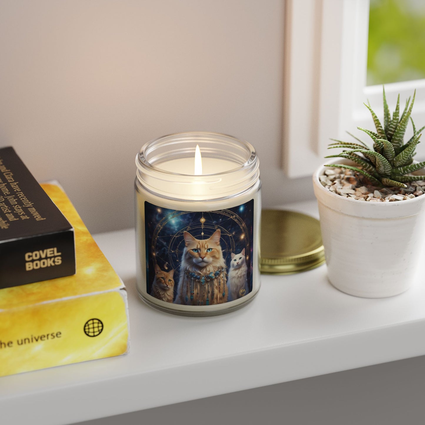 Premium Coconut Apricot Wax Scented Candles, Various Floral & Spice Fragrances (4oz), Spiritual Christmas Holiday Cat Lover Pet Gift, Ginger & White Cats Galaxy Space Fantasy Tribal Art, by Divine Arts