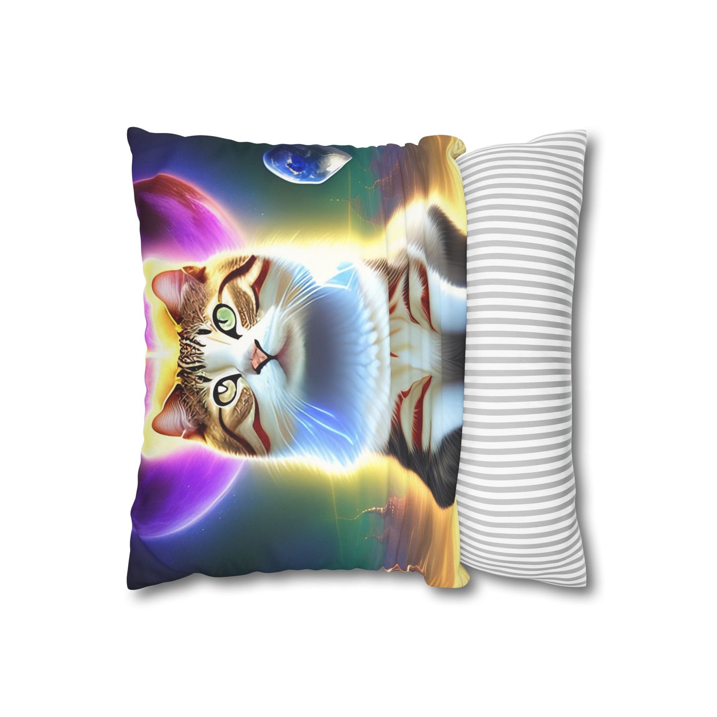 Divine Arts Faux Suede Double-Sided Square Pillow Case - Fantasy Galaxy Space Cat Lover Female Brown and White Tabby Cat with Heterochromia and a Bright Yellow & Purple Aura Spiritual Pillow Cover in Four Sizes