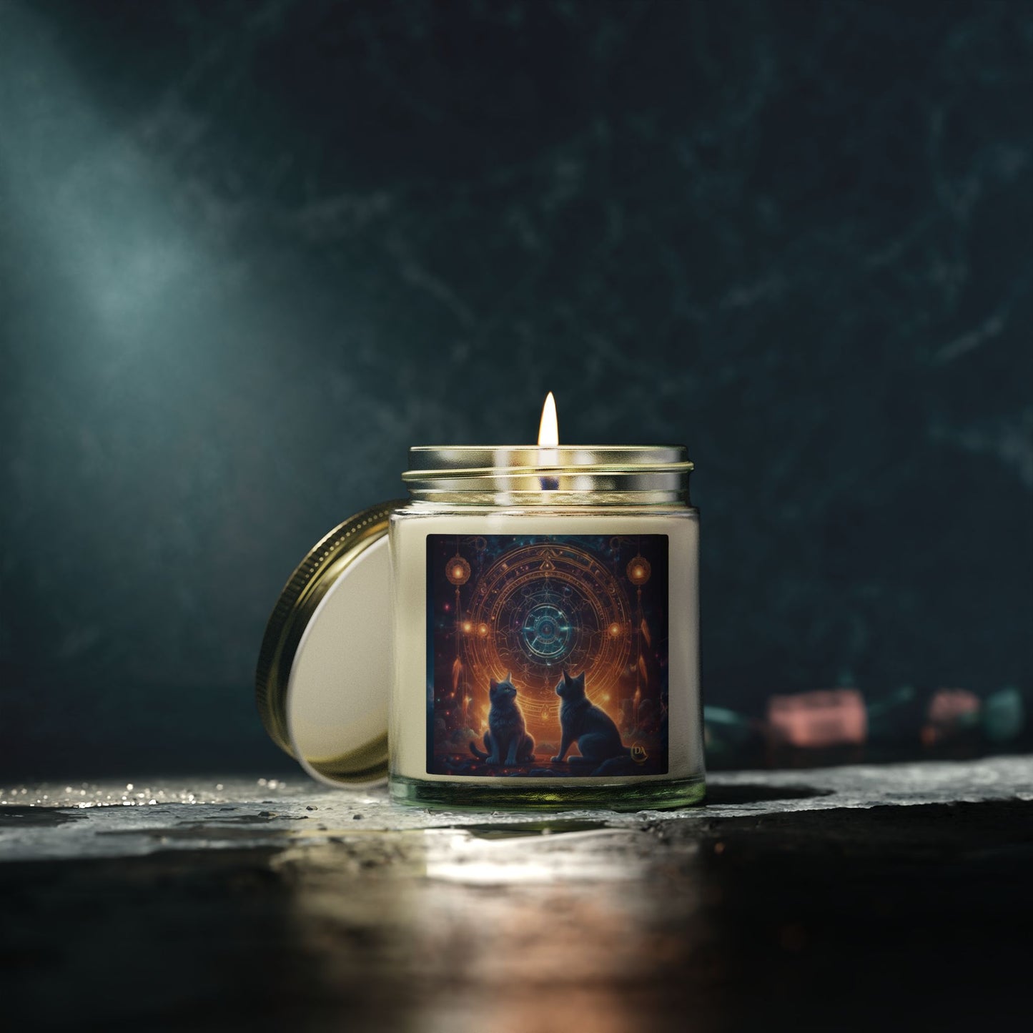 Premium Coconut Apricot Wax Scented Candles, Various Floral & Spice Fragrances (4oz), Spiritual Christmas Holiday Cat Lover Pet Gift, Black Cats Sacred Geometry Galaxy Space Fantasy Cat Art, by Divine Arts
