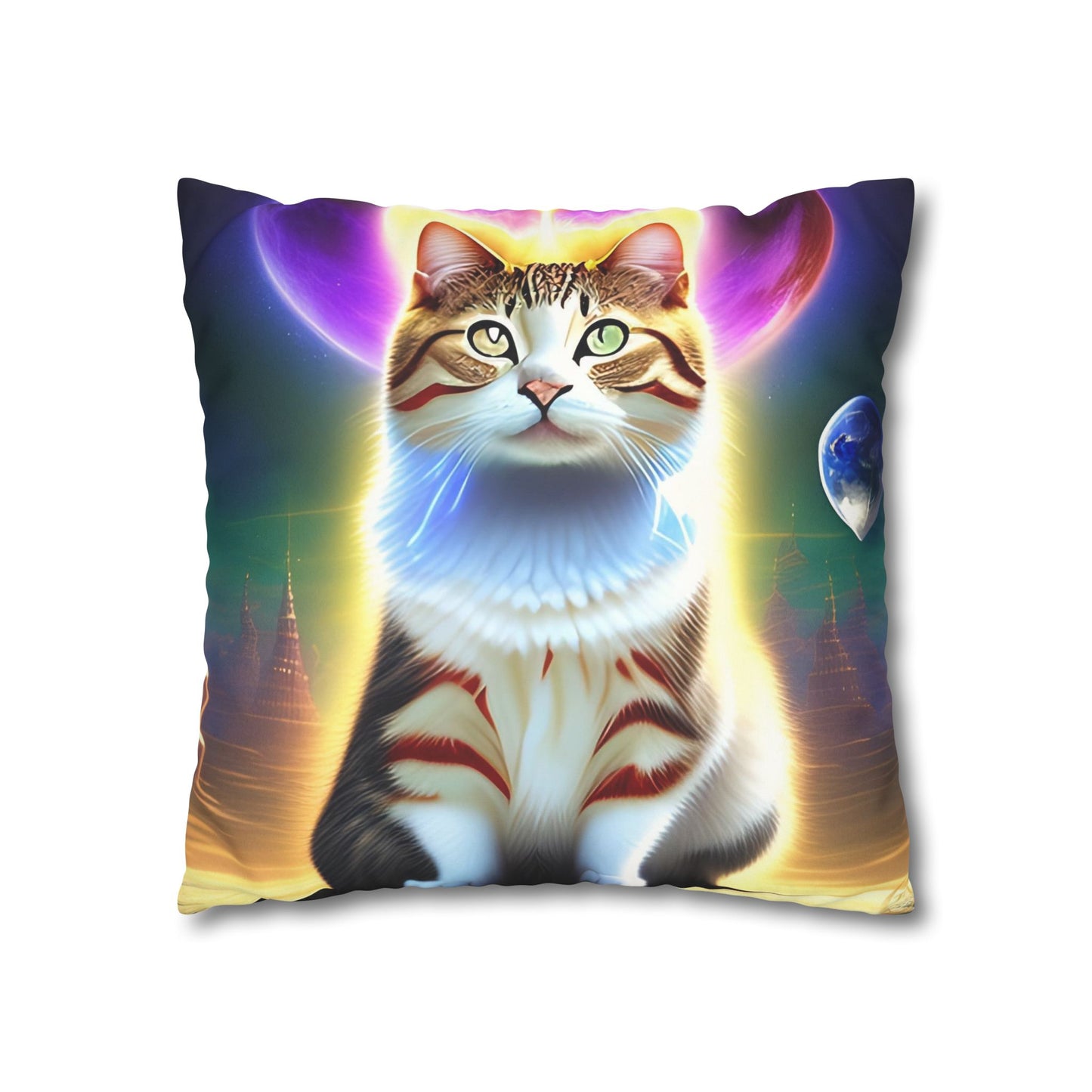 Divine Arts Faux Suede Double-Sided Square Pillow Case - Fantasy Galaxy Space Cat Lover Female Brown and White Tabby Cat with Heterochromia and a Bright Yellow & Purple Aura Spiritual Pillow Cover in Four Sizes