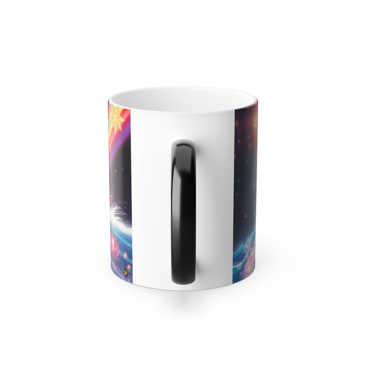 Color-Changing Galaxy Cats Mug — Cosmic Grey and Calico Cats & Lotus Rainbow Sacred Geometry Merkaba Magic 11oz by Divine Arts
