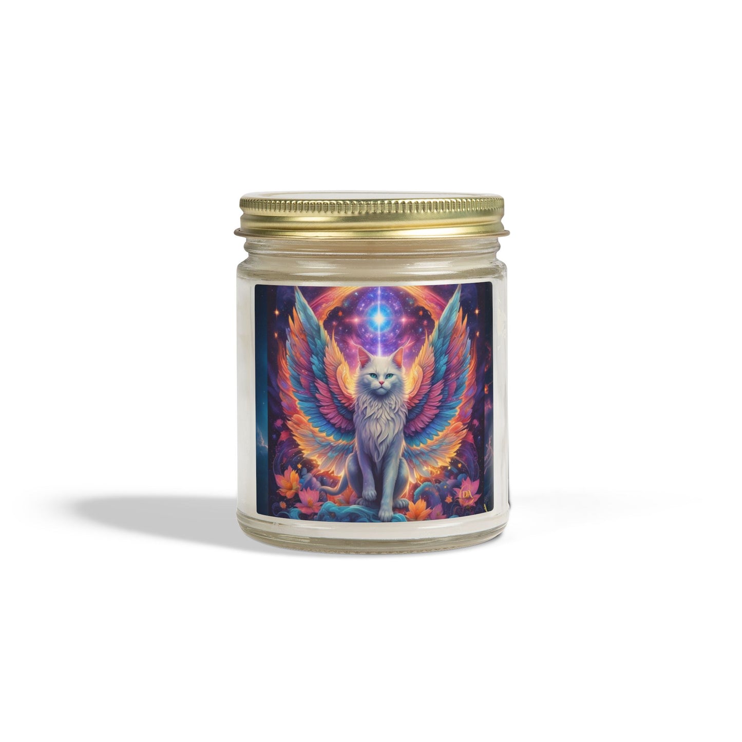 Premium Coconut Apricot Wax Scented Candles, Various Floral & Spice Fragrances (4oz), Spiritual Christmas Holiday Cat Lover Pet Gift, Galaxy Space White Angel Cat Art, by Divine Arts