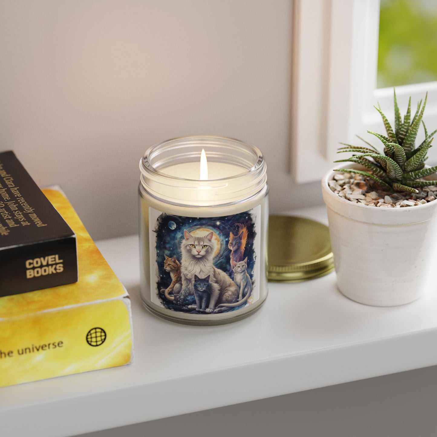 Premium Coconut Apricot Wax Scented Candles, Various Floral & Spice Fragrances (4oz), Spiritual Christmas Holiday Cat Lover Pet Gift, Ginger, White, Gray & Brown Cats Galaxy Space Fantasy Cat Art, by Divine Arts