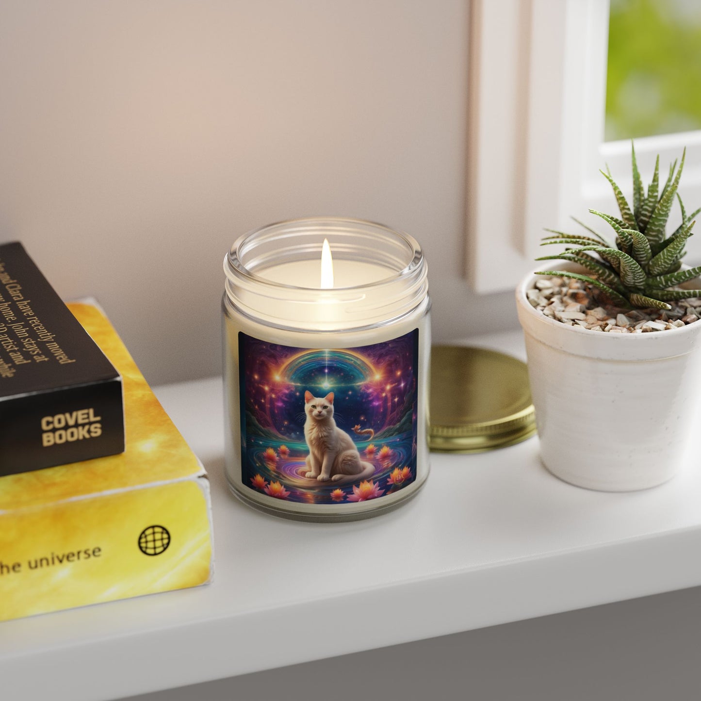 Premium Coconut Apricot Wax Scented Candles, Various Floral & Spice Fragrances (4oz), Spiritual Christmas Holiday Cat Lover Pet Gift, White Brown Cat in Sparkling Rainbow Lotus Field Pool, Fantasy Galaxy Space Cat Art , by Divine Arts