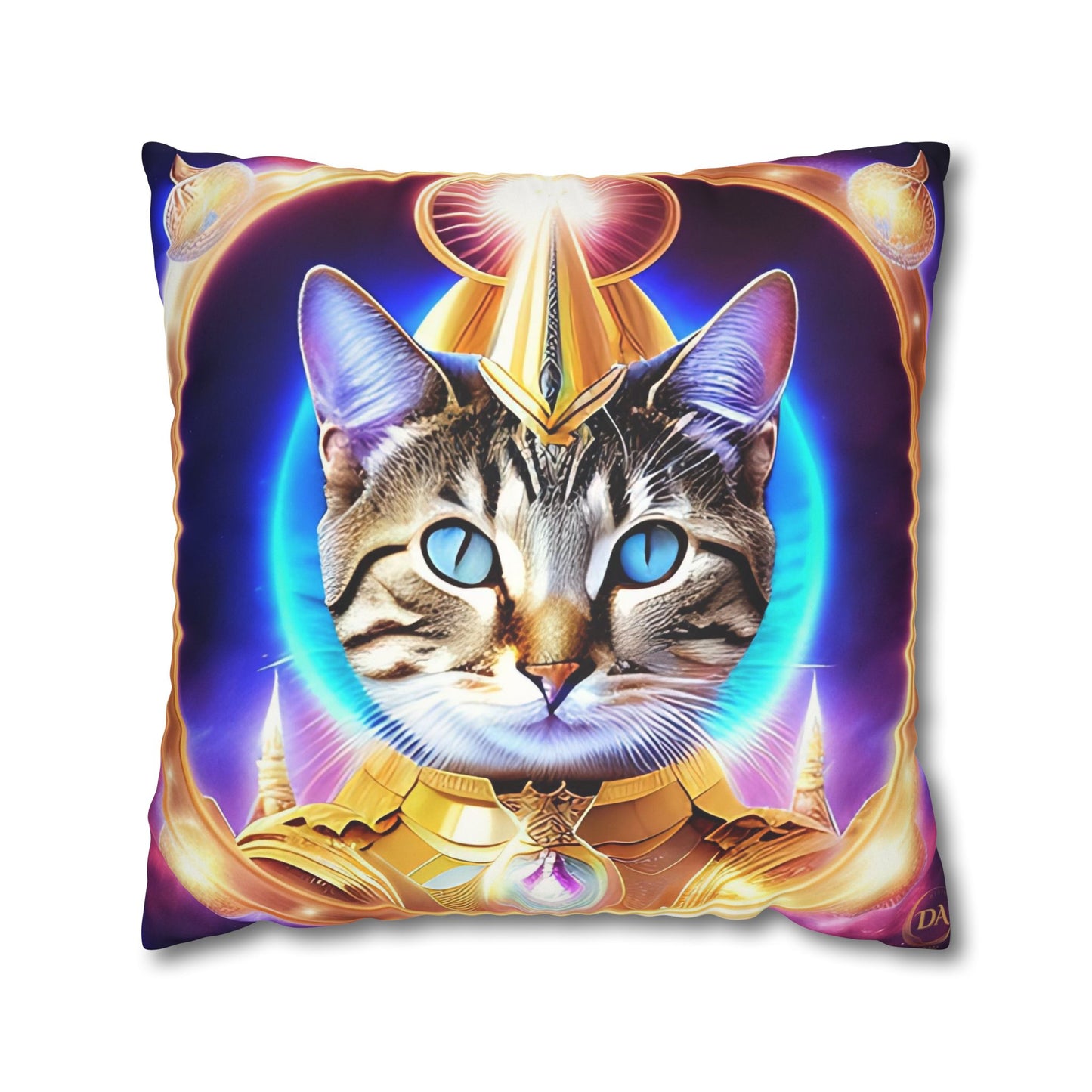 Divine Arts Faux Suede Double-Sided Square Pillow Case - Fantasy Galaxy Space Cat Lover Female Brown Gray Tabby Cat with Blue Eyes in Ornate Golden Armor with Light Blue Maharaic Shied Aura as Realized Merkaba Master Pillow Cover in Four Sizes