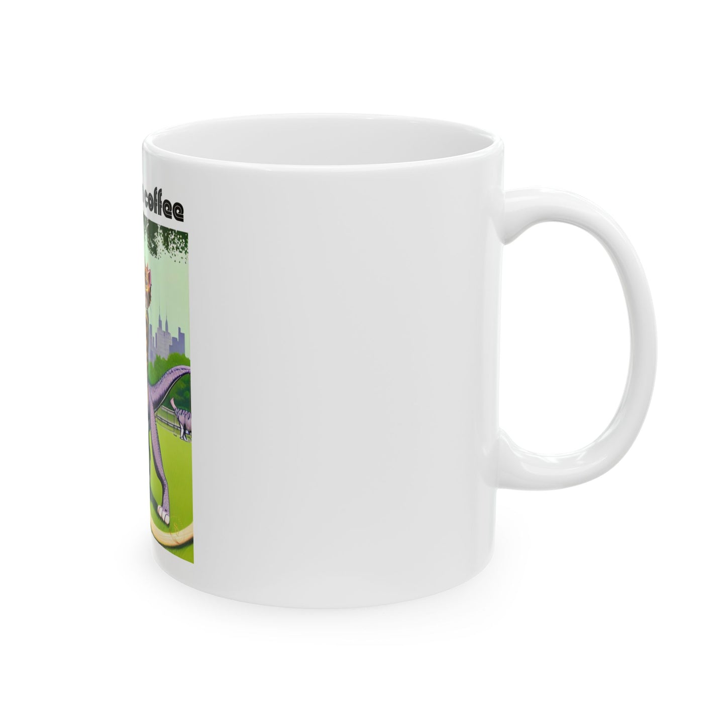 Funny Cat Dinosaur Mug (11oz, 15oz) — "My Day Before Coffee" Ceramic Coffee Cup by Divine Arts