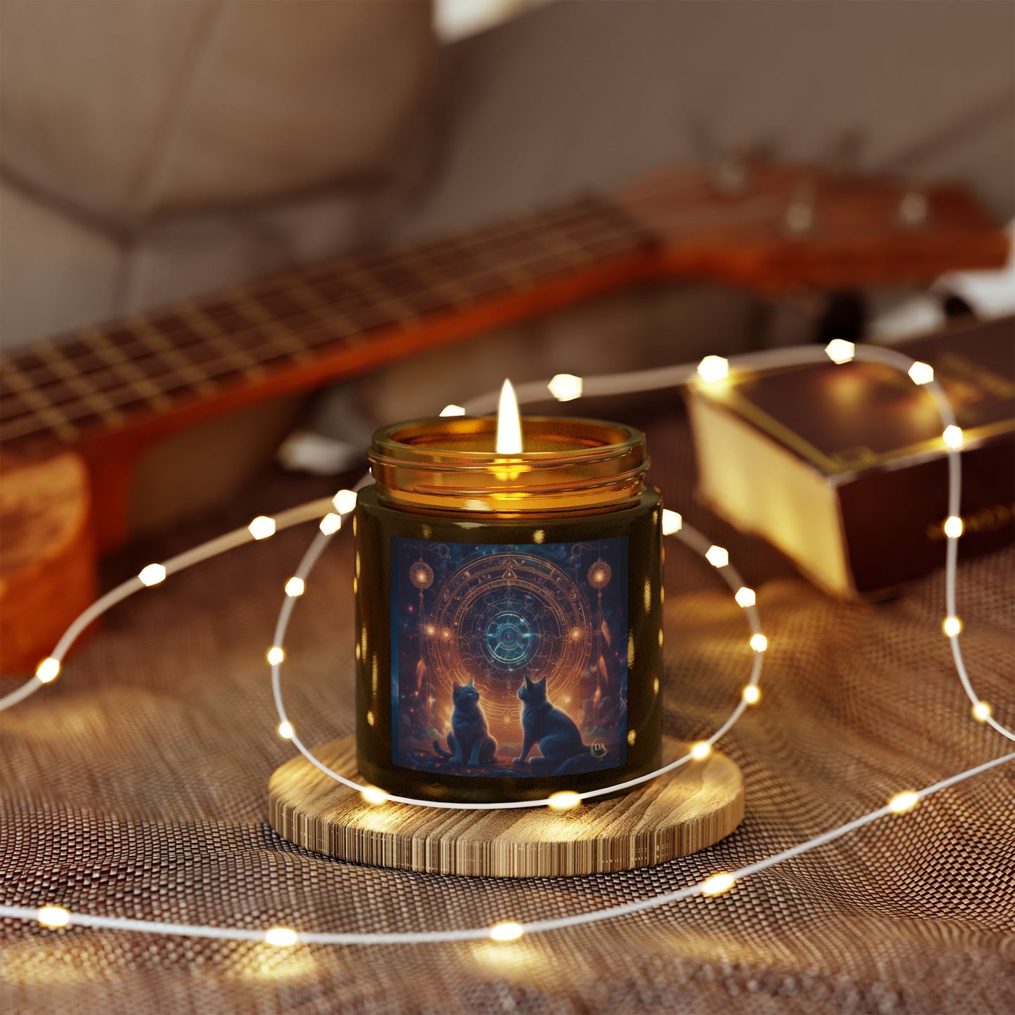 Premium Coconut Apricot Wax Scented Candles, Various Floral & Spice Fragrances (4oz), Spiritual Christmas Holiday Cat Lover Pet Gift, Black Cats Sacred Geometry Galaxy Space Fantasy Cat Art, by Divine Arts
