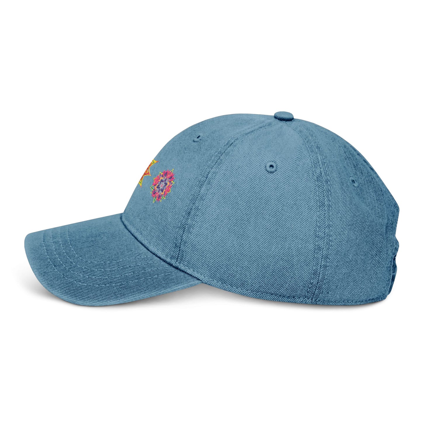 Denim Cap (Embroidery), 100% Cotton, Three Unique Embroidery Merkabas, Neon Galaxy Starry Light, Lotus Jewel Design by Divine Arts