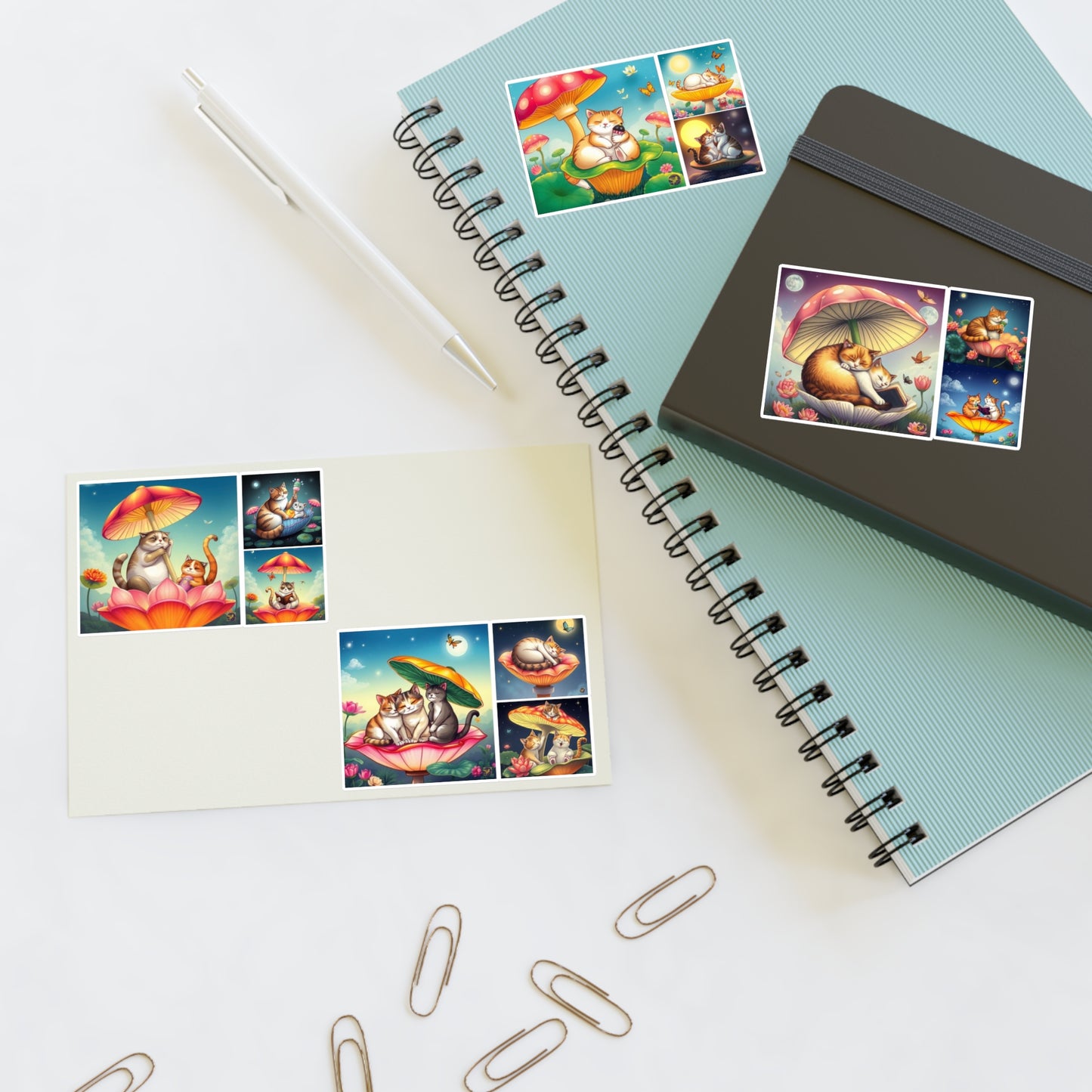 Whimsical Cat Night & Day Mushroom Lotus, Nature Bookworm Vinyl Sticker Sheets (6x4) – Cute Floral Shell Mushroom Umbrella Cap Kittens by Divine Arts