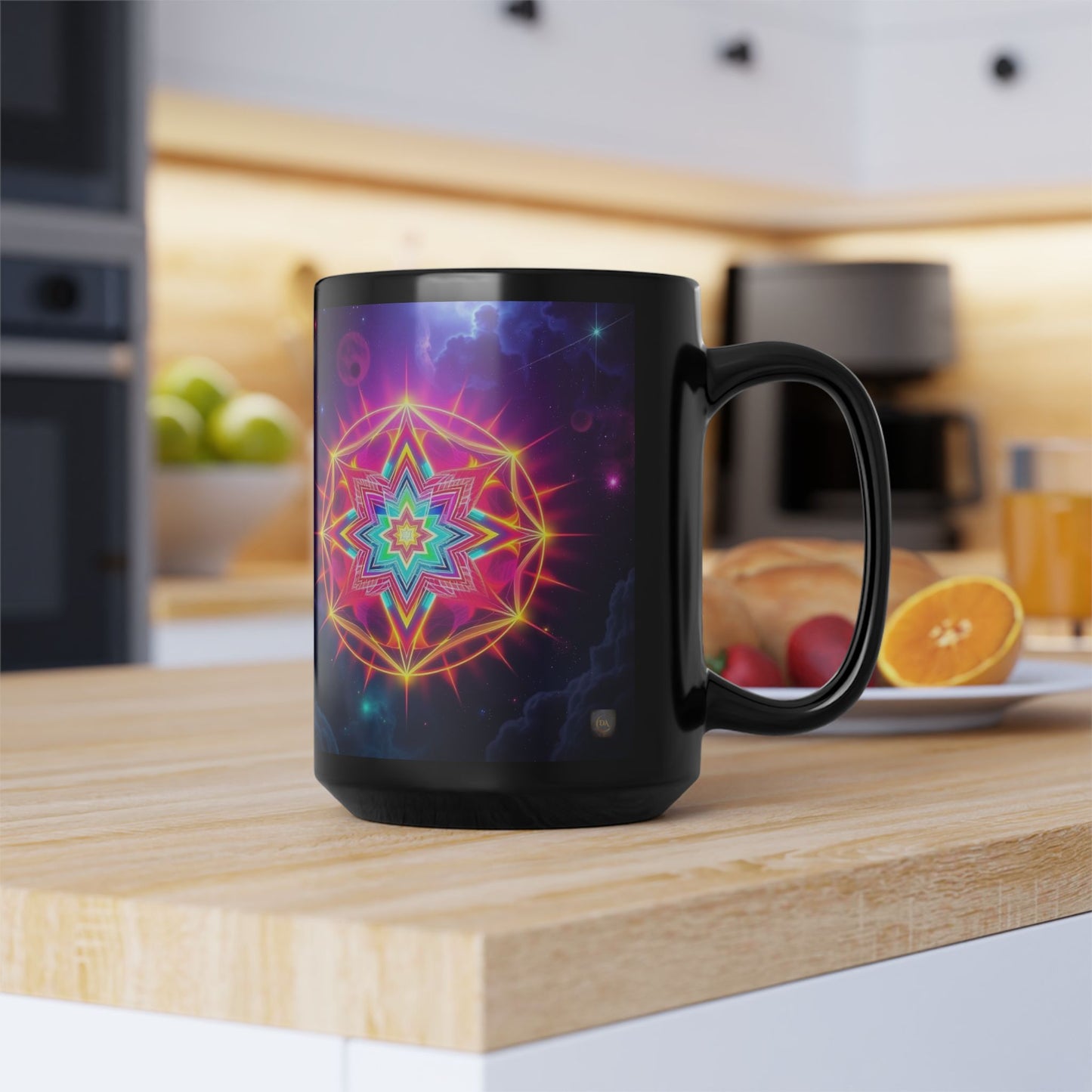 Black Ceramic Mug  15 oz — Neon Merkaba Cosmic Coffee Cup by Divine Arts