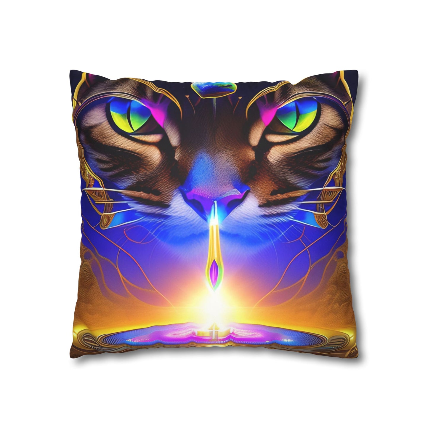 Divine Arts Faux Suede Double-Sided Art Square Pillow Case in Four Sizes - Fantasy Galaxy Space Cat Lover Male Brown Tabby Cat with Ornate Golden Face Armor and Magenta Crystal Wielding the Merkaba Pillow Cover
