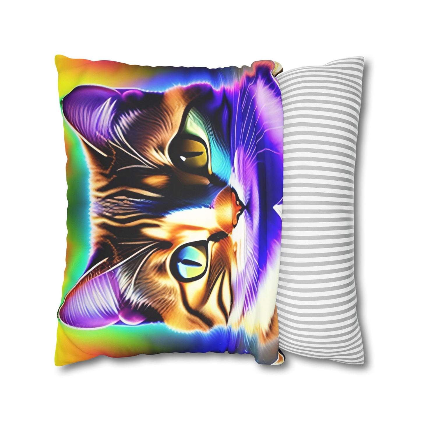 Divine Arts Faux Suede Double-Sided Square Pillow Case - Fantasy Galaxy Space Cat Lover Brown Tabby Cat with Heterochromia Meditating in Rainbow Trance Colors Pillow Cover in Four Sizes