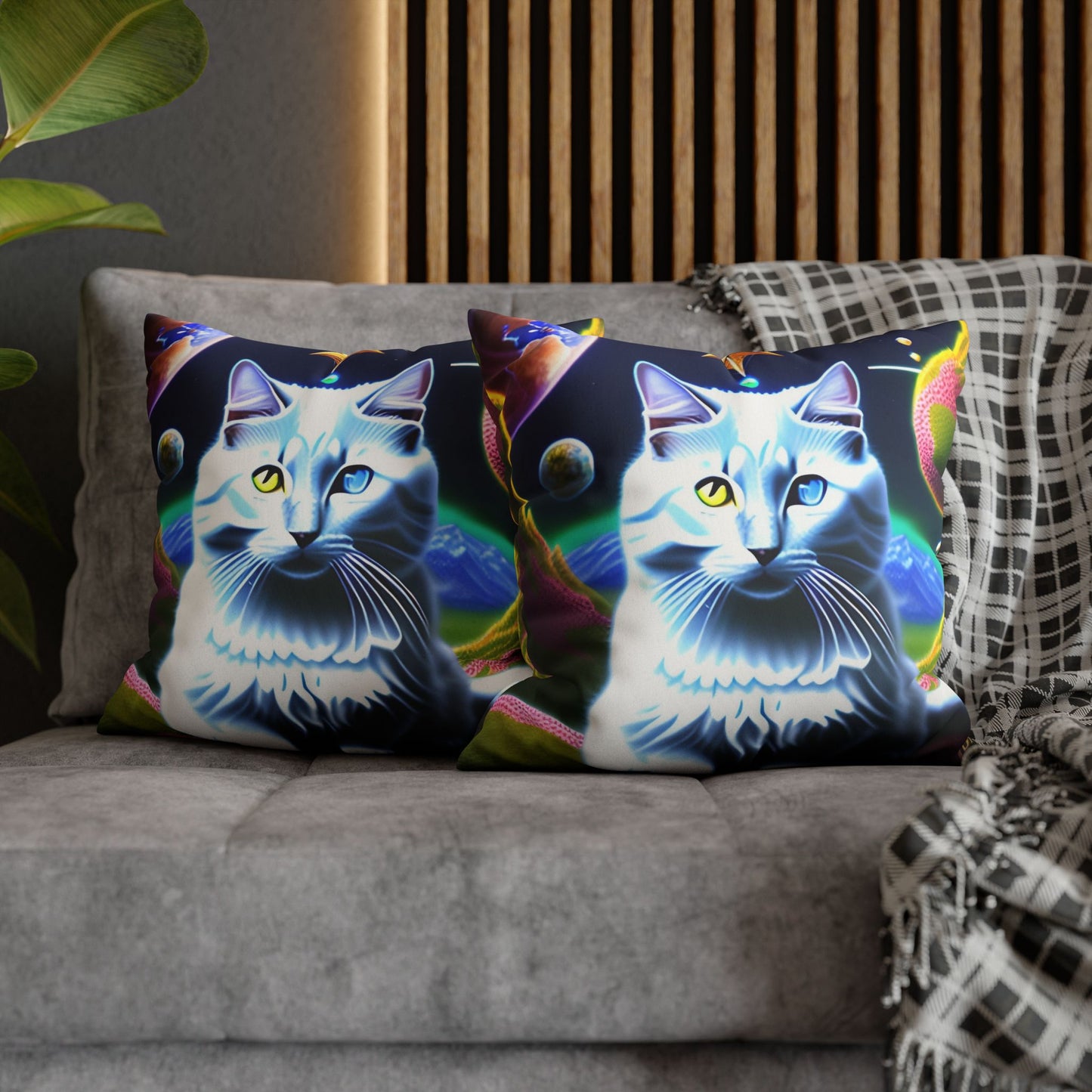 Divine Arts Faux Suede Double-Sided Square Pillow Case in Four Sizes - Fantasy Galaxy Space Cat Lover Portrait of White Female Cat With Yellow & Blie Heterochromia Eyes In Space Amidssr Blue & Pink Cosmic Swirls Meditating in Trance On A Golden Merkaba