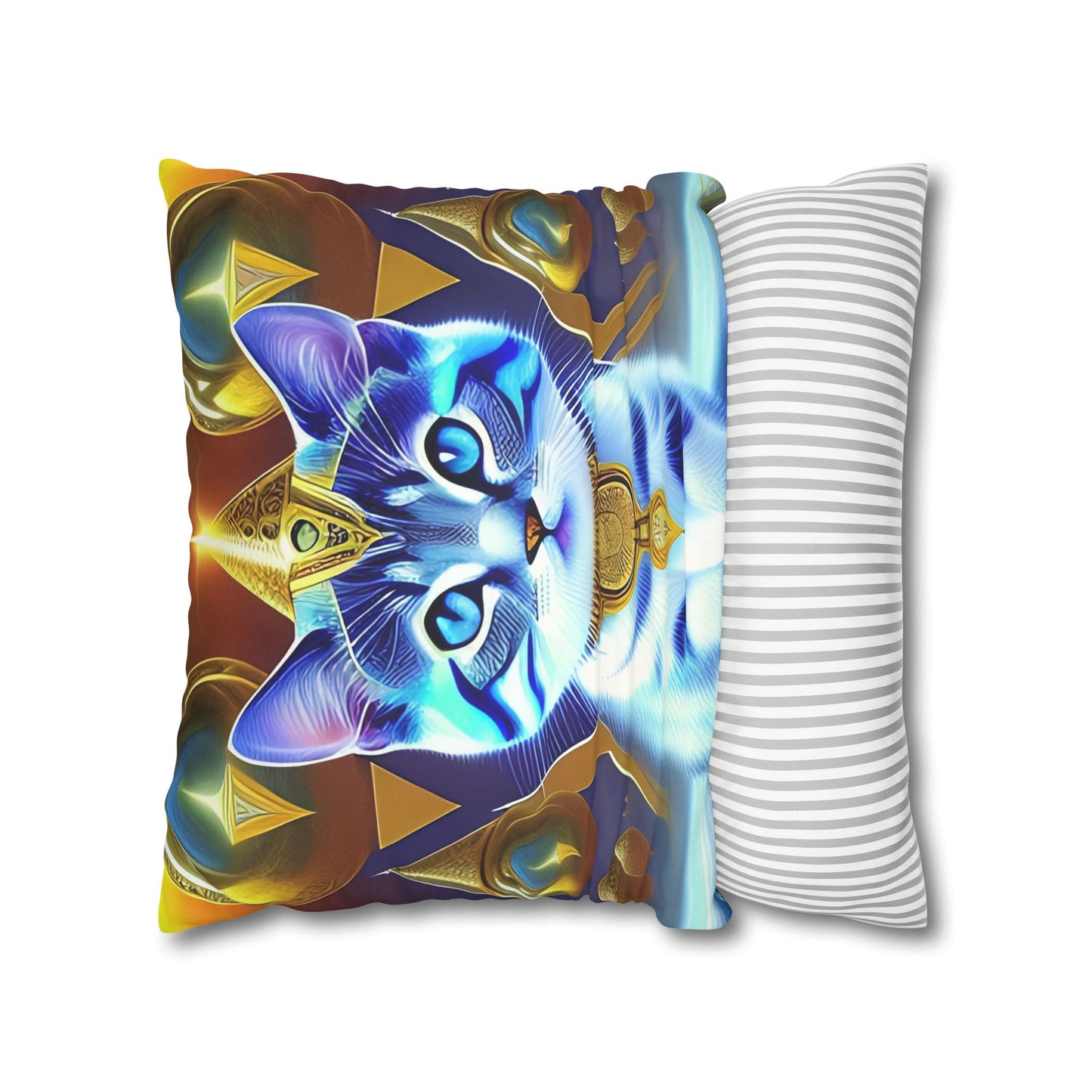 Divine Arts Faux Suede Double-Sided Square Pillow Case in Four Sizes - Fantasy Galaxy Space Cat Lover Male Gray and White Tabby Kitten with Blue Eyes in Golden Merkaba Chamber Wielding the Merkaba