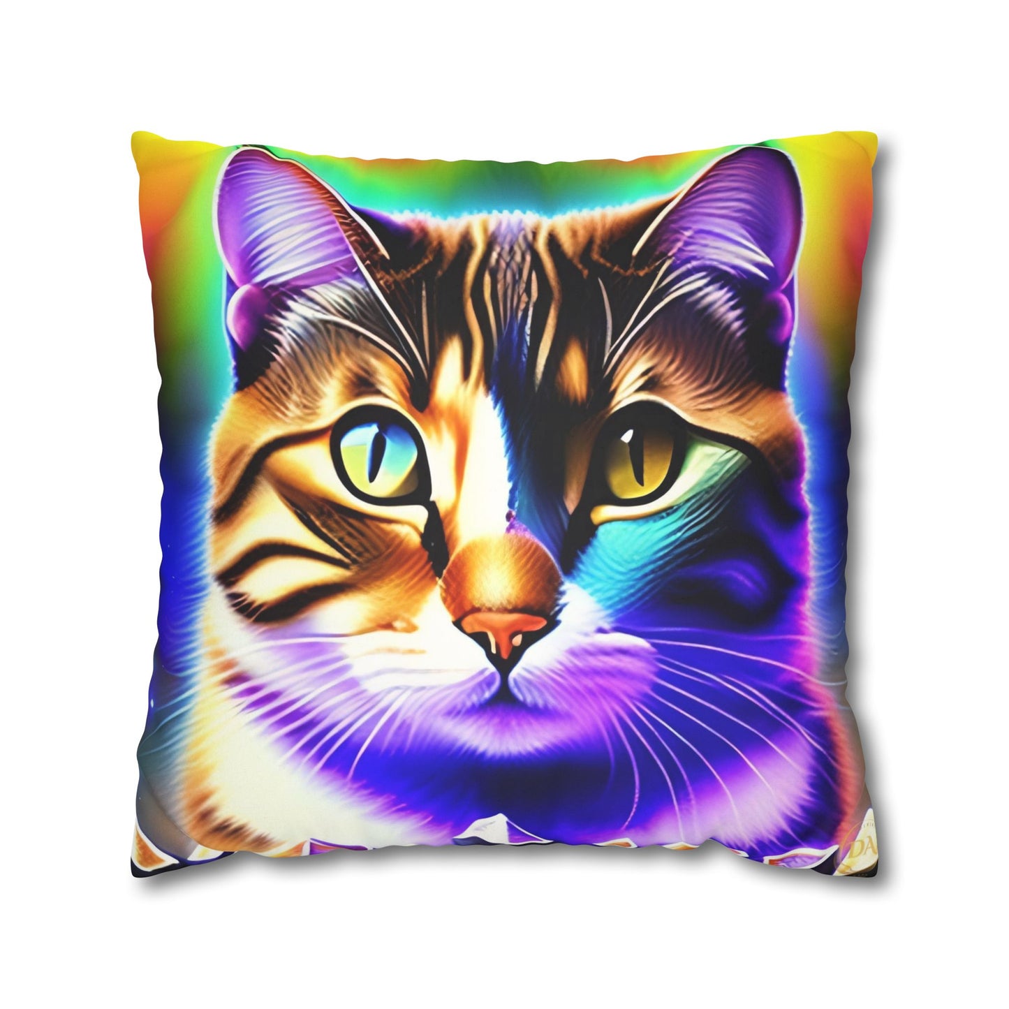 Divine Arts Faux Suede Double-Sided Square Pillow Case - Fantasy Galaxy Space Cat Lover Brown Tabby Cat with Heterochromia Meditating in Rainbow Trance Colors Pillow Cover in Four Sizes