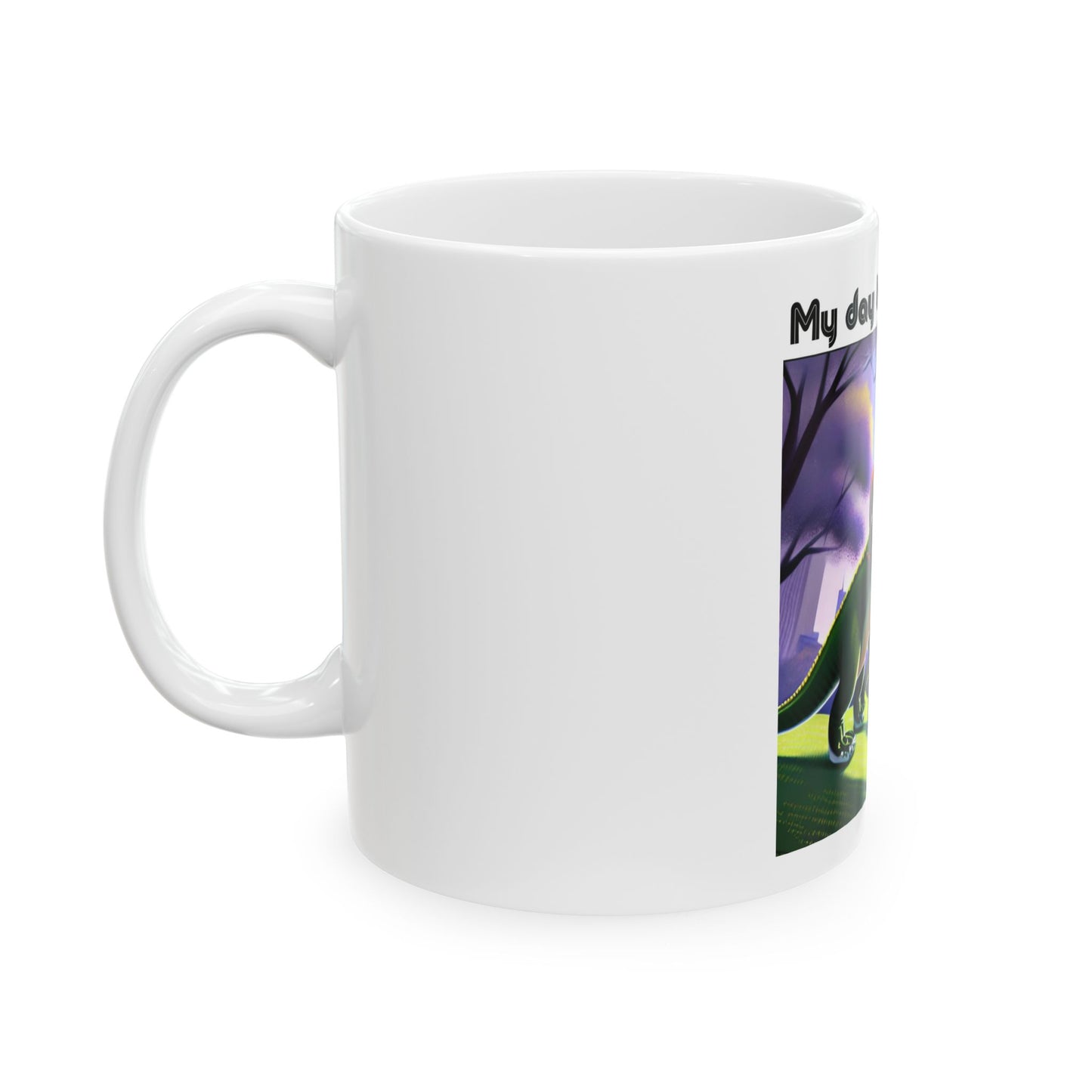 Ceramic Cat Humor Mug  (11oz/15oz) — 'Me Before Coffee' Tabby Cat Rides T-Rex Coffee Mug by Divine Arts