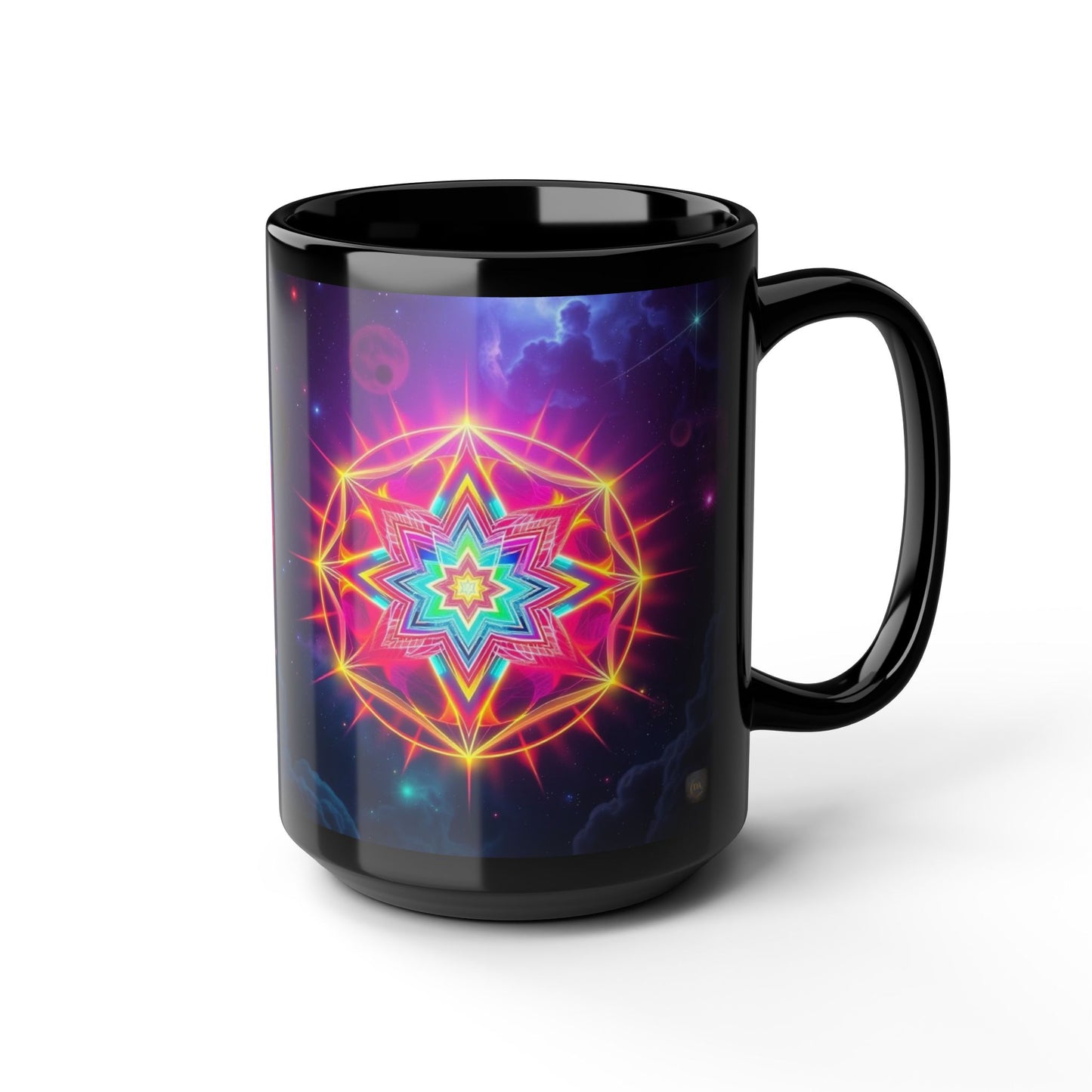 Black Ceramic Mug  15 oz — Neon Merkaba Cosmic Coffee Cup by Divine Arts