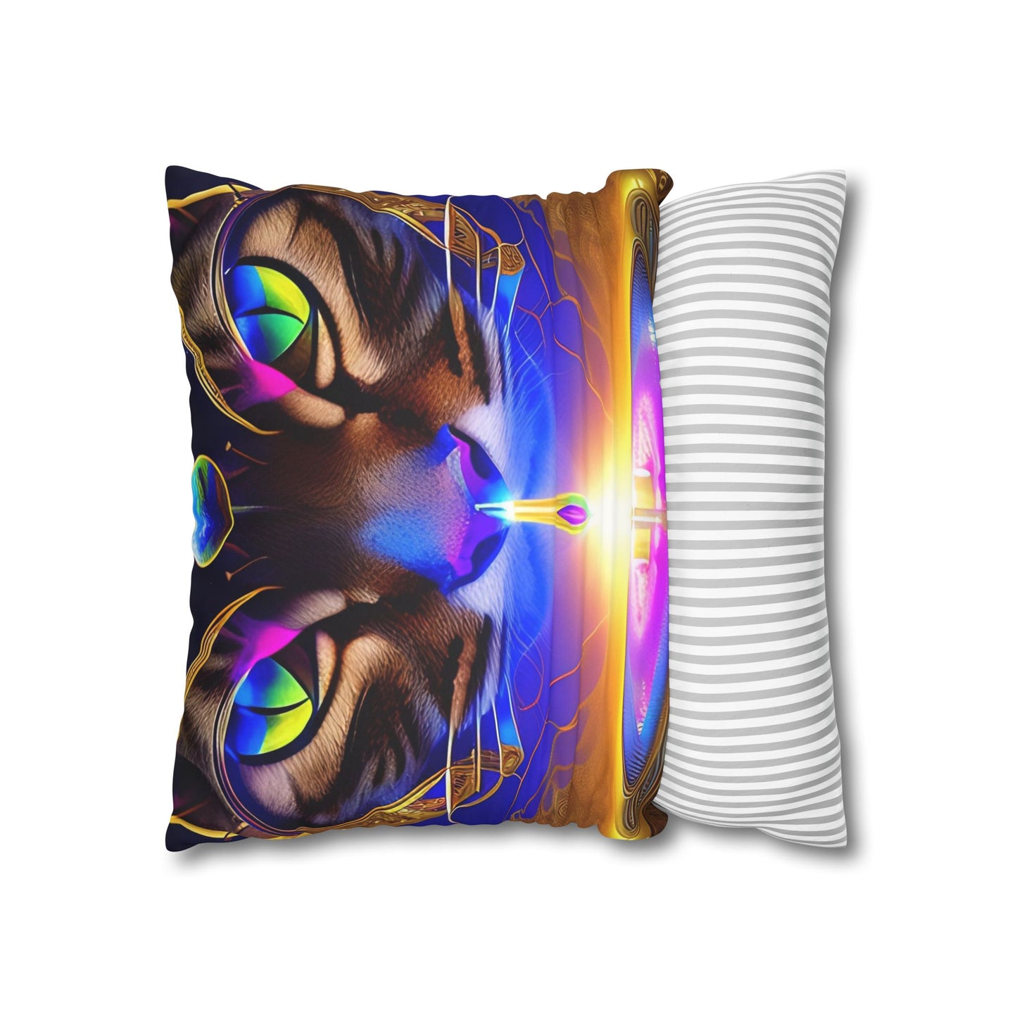 Divine Arts Faux Suede Double-Sided Art Square Pillow Case in Four Sizes - Fantasy Galaxy Space Cat Lover Male Brown Tabby Cat with Ornate Golden Face Armor and Magenta Crystal Wielding the Merkaba Pillow Cover