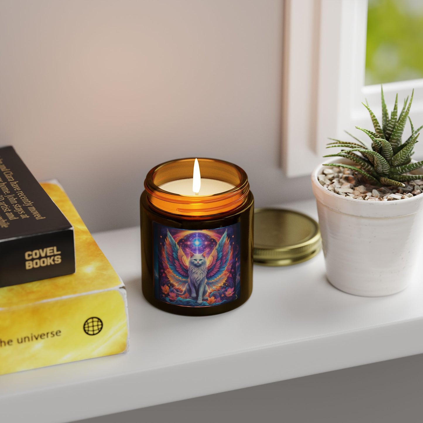 Premium Coconut Apricot Wax Scented Candles, Various Floral & Spice Fragrances (4oz), Spiritual Christmas Holiday Cat Lover Pet Gift, Galaxy Space White Angel Cat Art, by Divine Arts