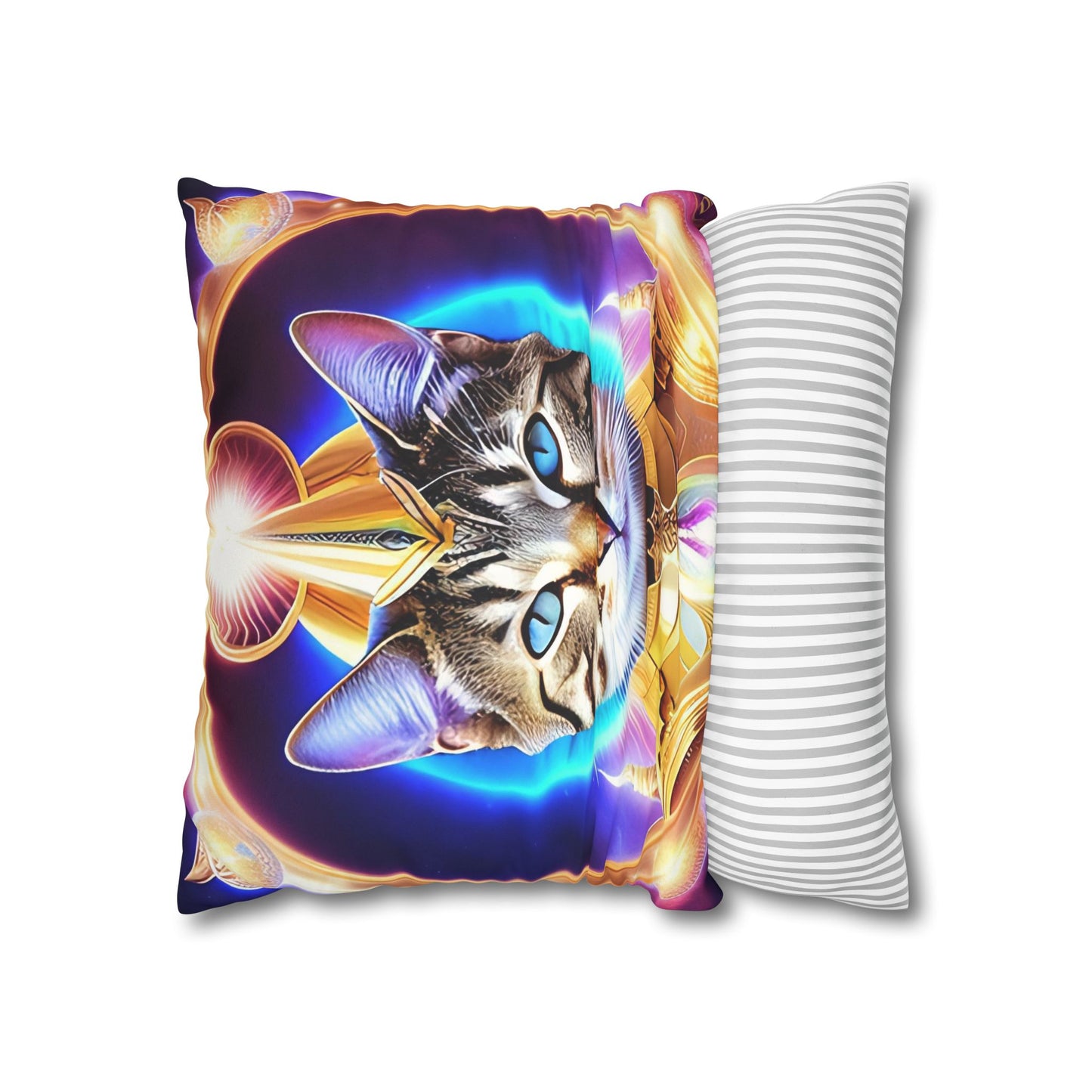 Divine Arts Faux Suede Double-Sided Square Pillow Case - Fantasy Galaxy Space Cat Lover Female Brown Gray Tabby Cat with Blue Eyes in Ornate Golden Armor with Light Blue Maharaic Shied Aura as Realized Merkaba Master Pillow Cover in Four Sizes