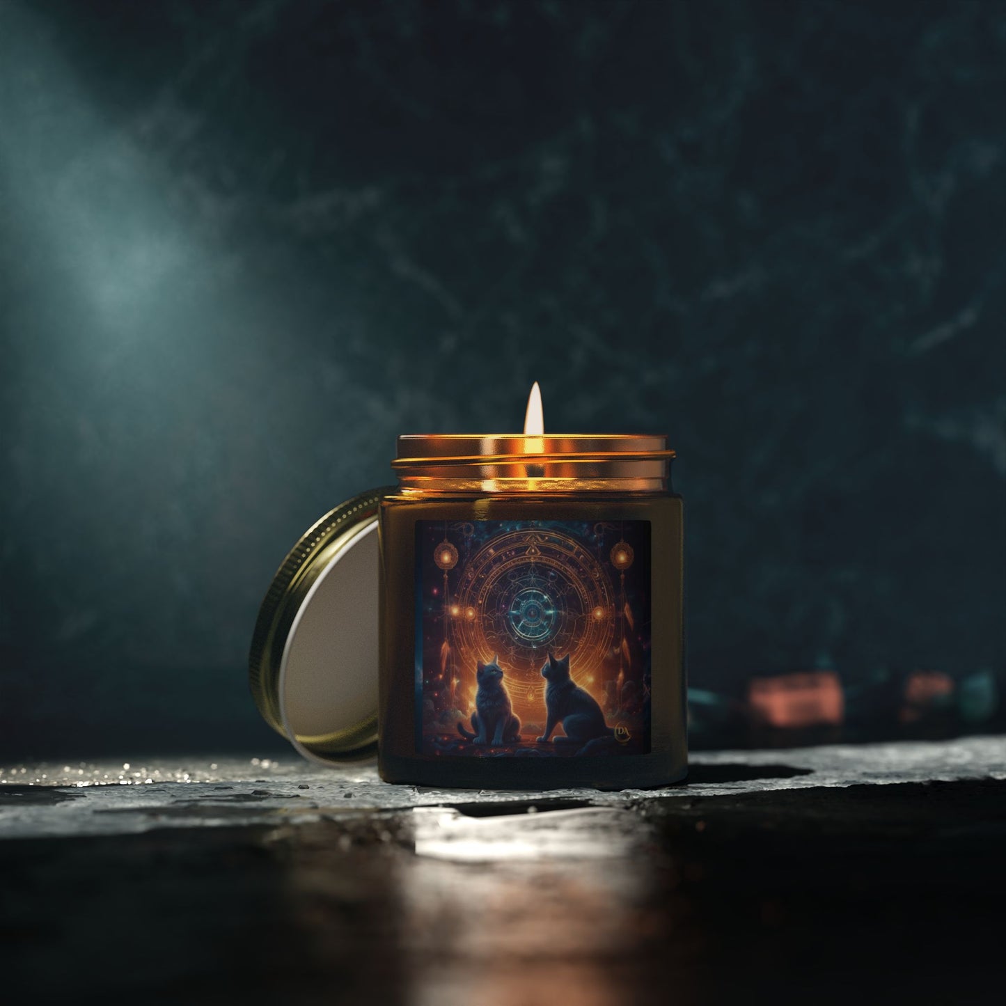 Premium Coconut Apricot Wax Scented Candles, Various Floral & Spice Fragrances (4oz), Spiritual Christmas Holiday Cat Lover Pet Gift, Black Cats Sacred Geometry Galaxy Space Fantasy Cat Art, by Divine Arts