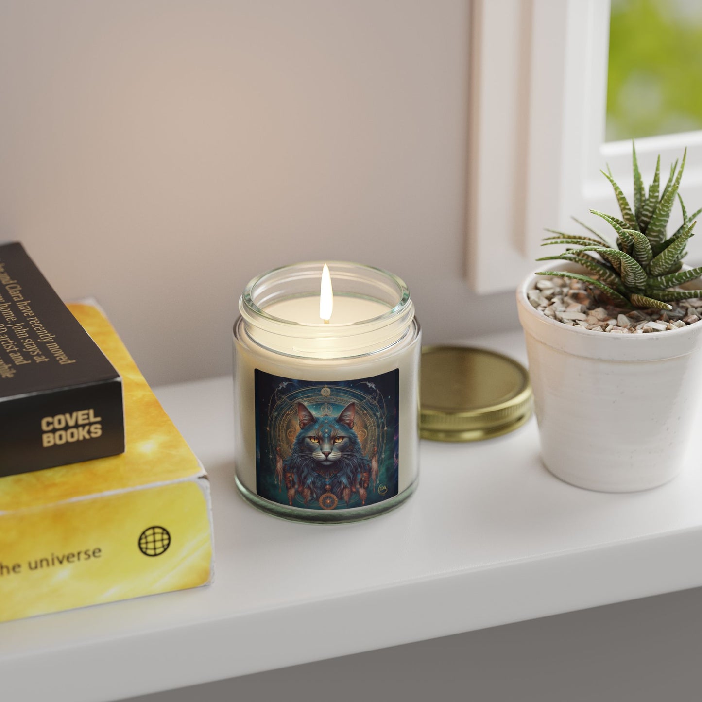 Premium Coconut Apricot Wax Scented Candles, Various Floral & Spice Fragrances (4oz), Spiritual Christmas Holiday Cat Lover Pet Gift, Gray Cat Galaxy Space Fantasy Tribal Art, by Divine Arts