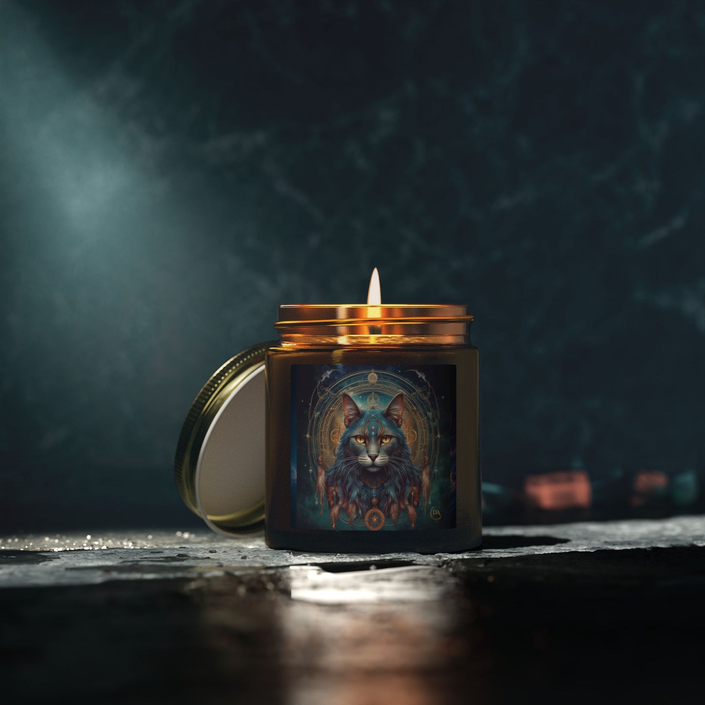Premium Coconut Apricot Wax Scented Candles, Various Floral & Spice Fragrances (4oz), Spiritual Christmas Holiday Cat Lover Pet Gift, Gray Cat Galaxy Space Fantasy Tribal Art, by Divine Arts