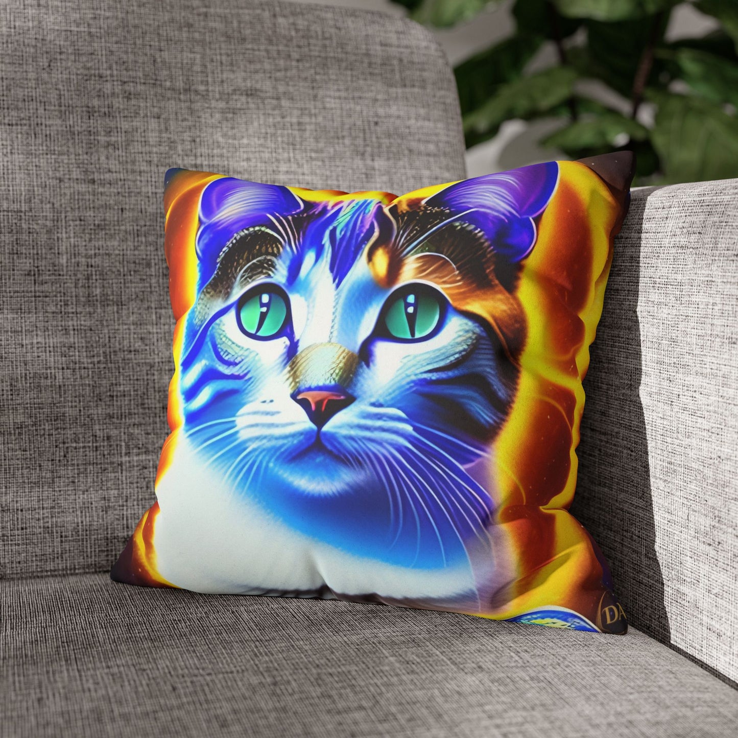 Divine Arts Faux Suede Double-Sided Square Pillow Case - Fantasy Galaxy Space Cat Lover Large Close Up View of the Face of a Female Brown Tabby Cat with Green Eyes With a Pulsing Yellow Orange Aura From Weilding the Merkaba Pillow Cover in Four Sizes